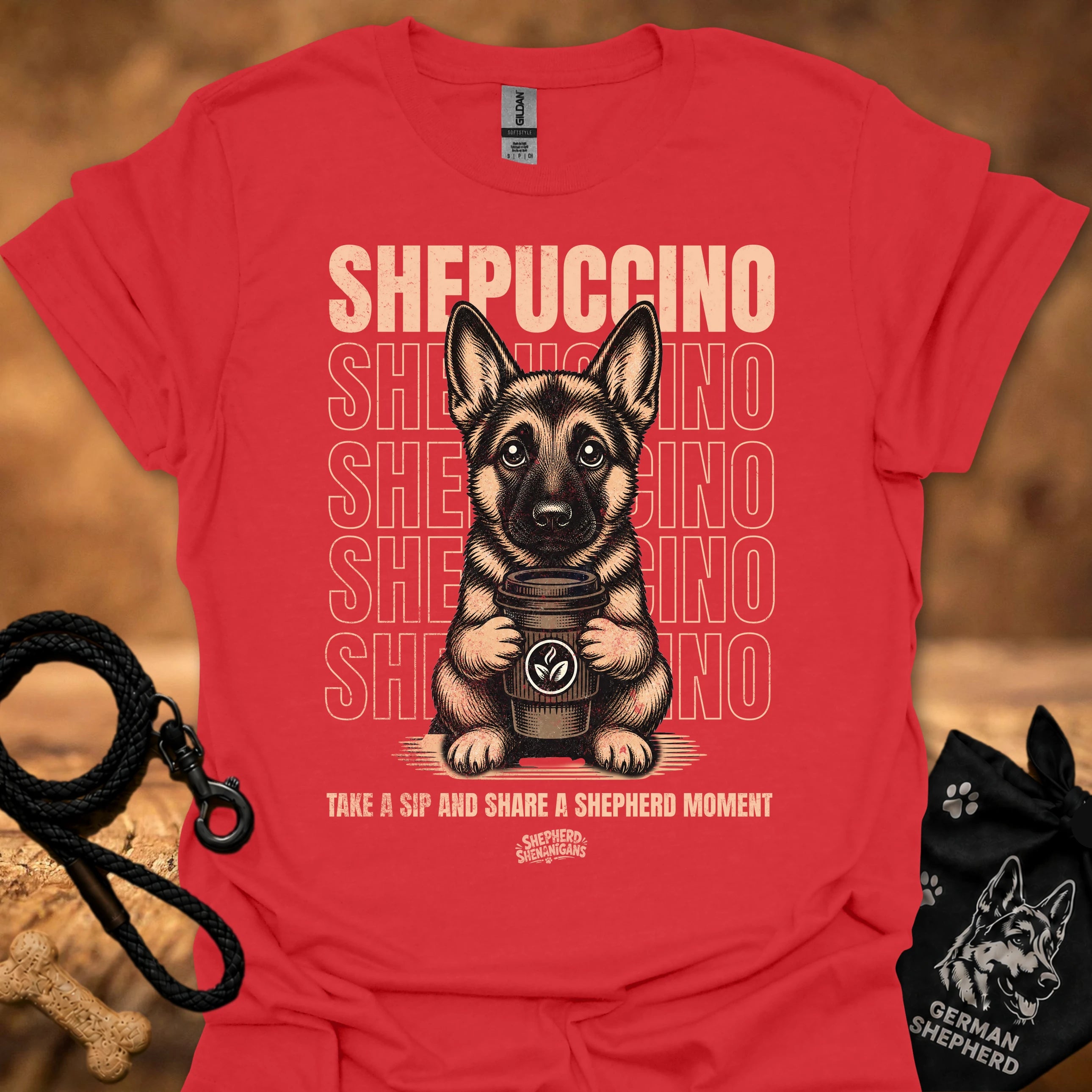 Red graphic T-shirt with German shepherd holding a coffee cup