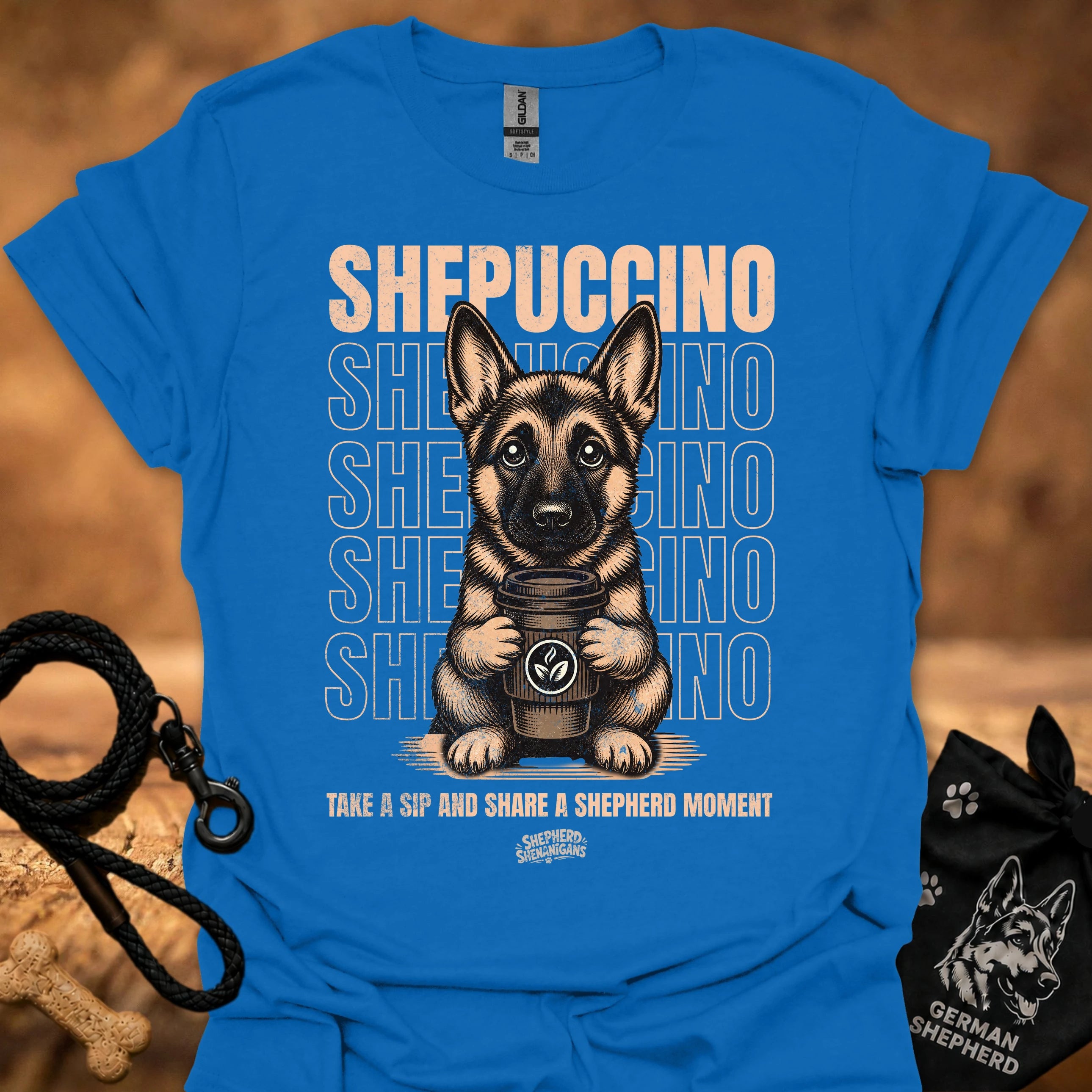 Royal blue graphic T-shirt with German shepherd holding a coffee cup