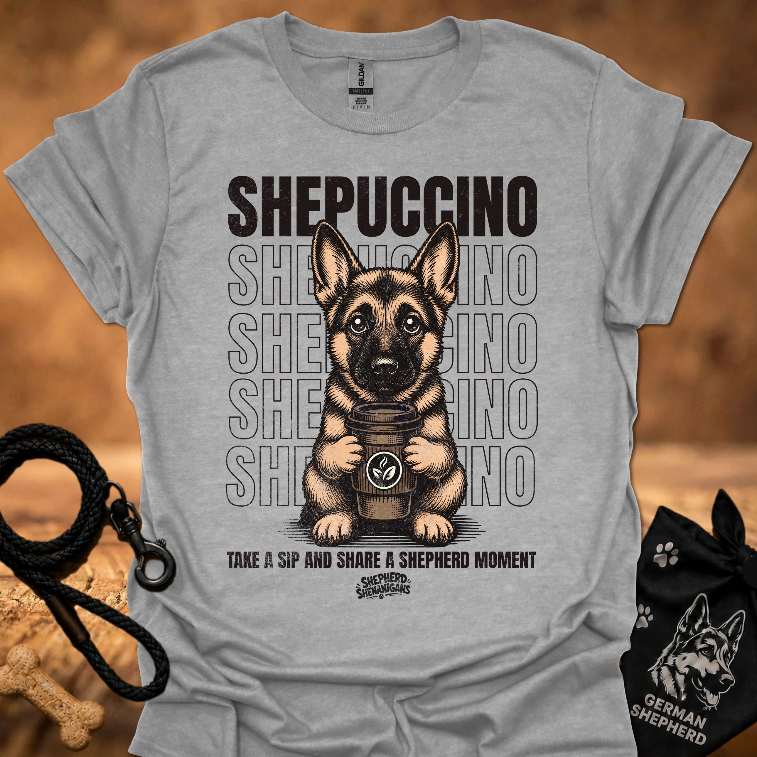 Light gray graphic T-shirt with German shepherd holding a coffee cup
