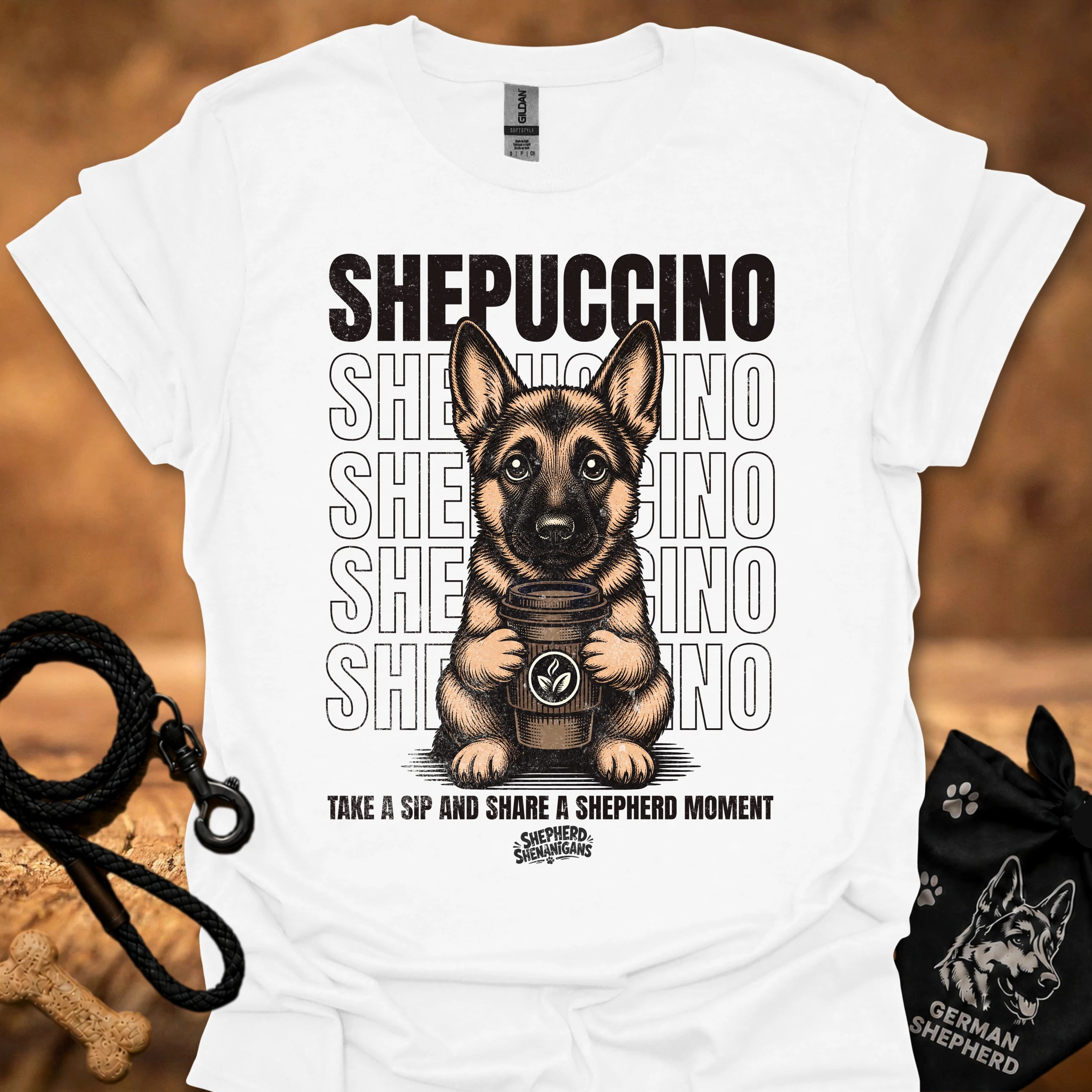 White graphic T-shirt with German shepherd holding a coffee cup
