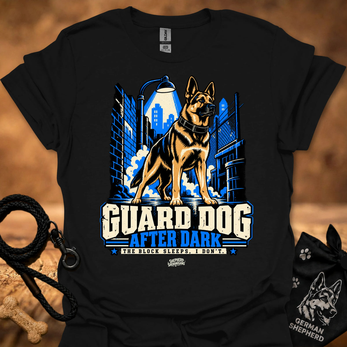 Black T-shirt with “Guard Dog After Dark” graphic and German shepherd by skyline