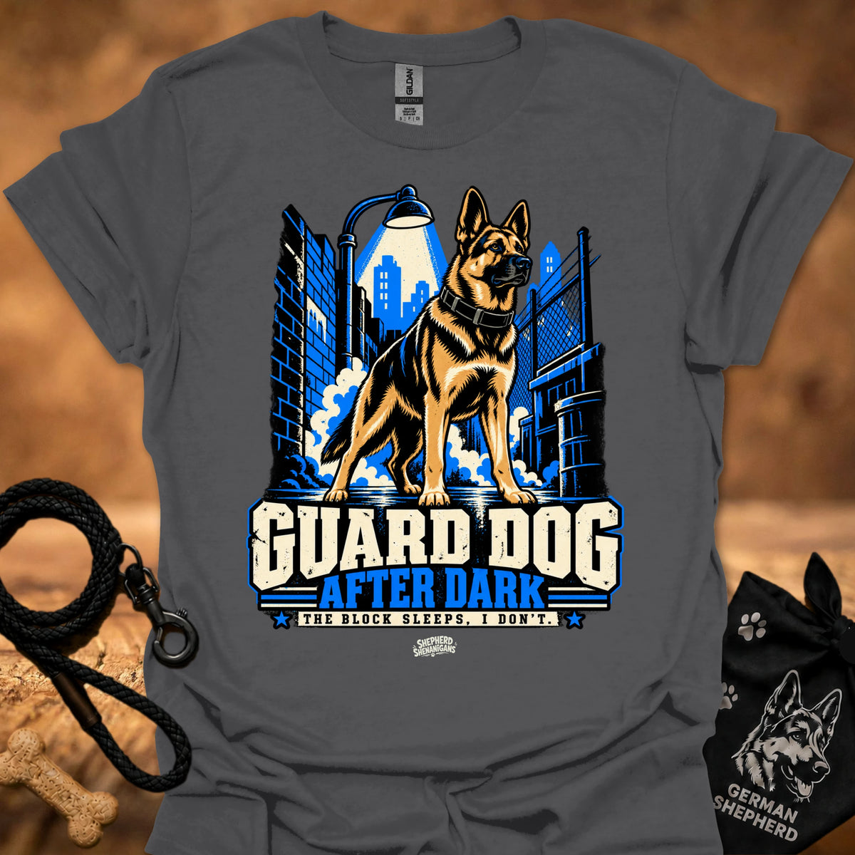 Sport grey T-shirt with “Guard Dog After Dark” graphic and German shepherd dog