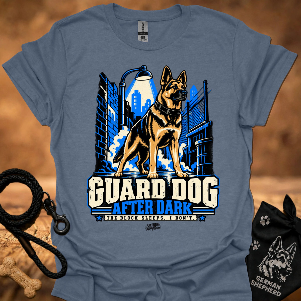 Charcoal blue T-shirt with “Guard Dog After Dark” graphic and German shepherd skyline