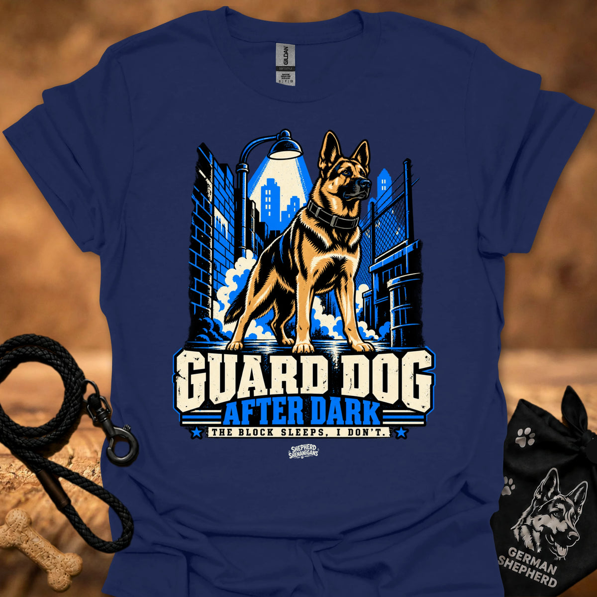 Navy T-shirt with “Guard Dog After Dark” graphic, German shepherd by city skyline