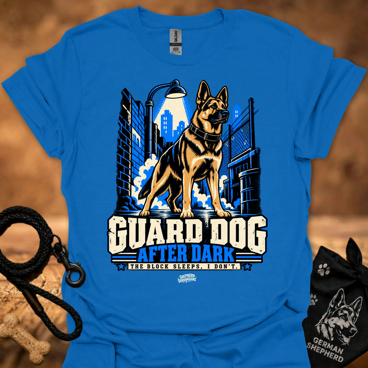 Royal blue T-shirt with “Guard Dog After Dark” graphic, German shepherd and city