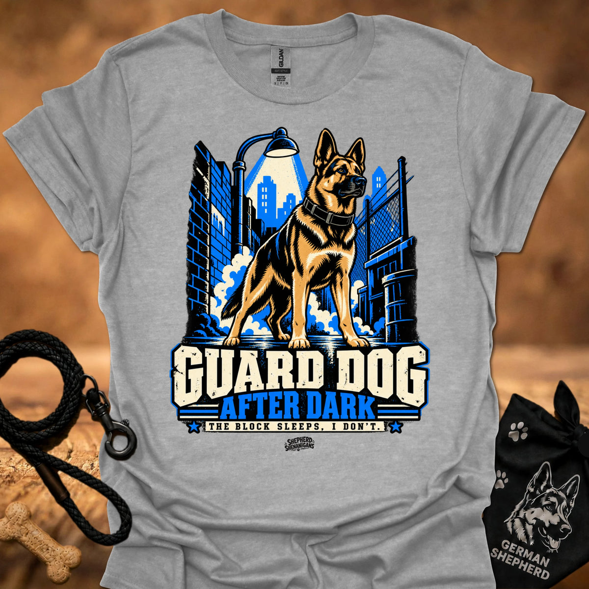 Heather grey T-shirt with “Guard Dog After Dark” graphic and German shepherd silhouette