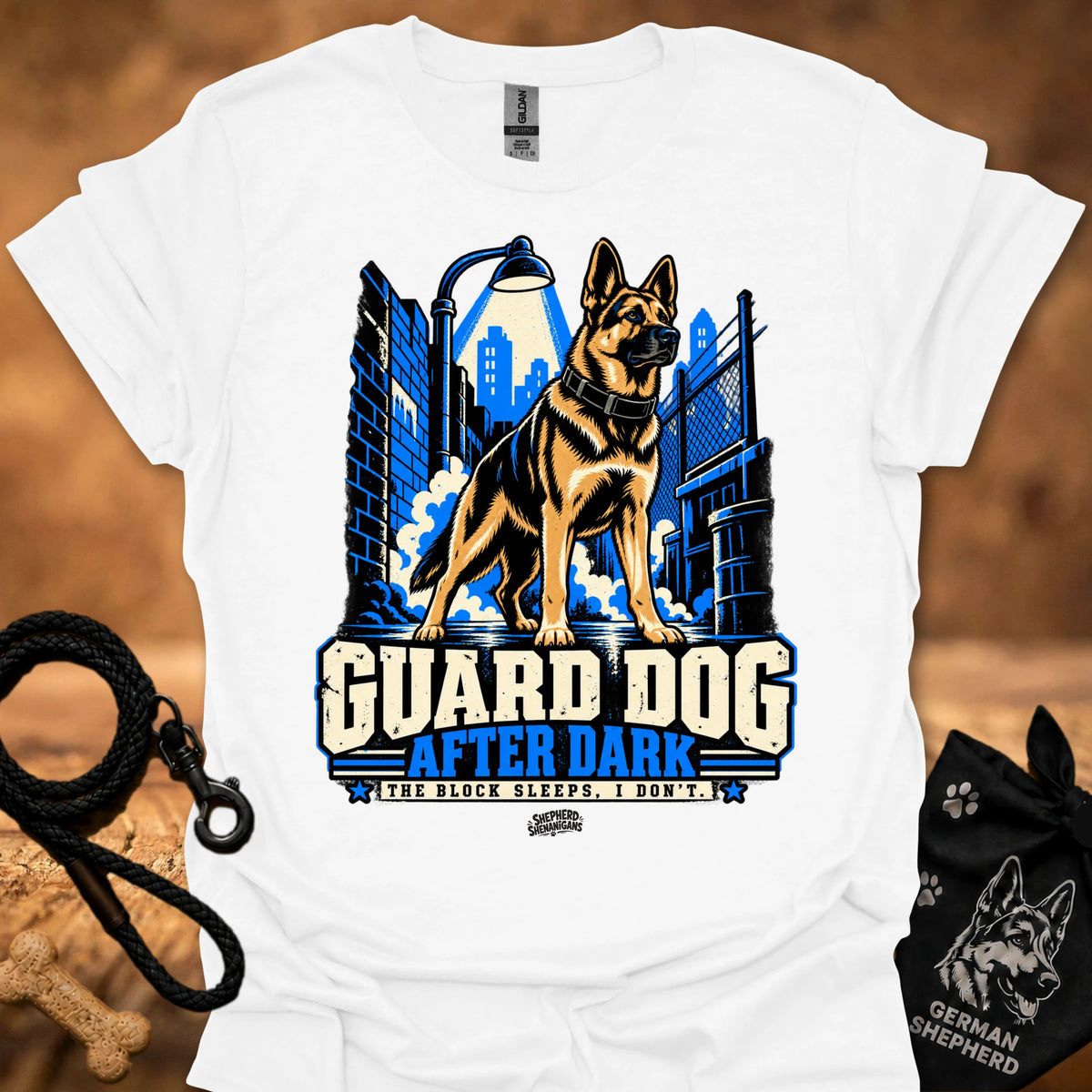 White T-shirt with “Guard Dog After Dark” graphic featuring German shepherd in front