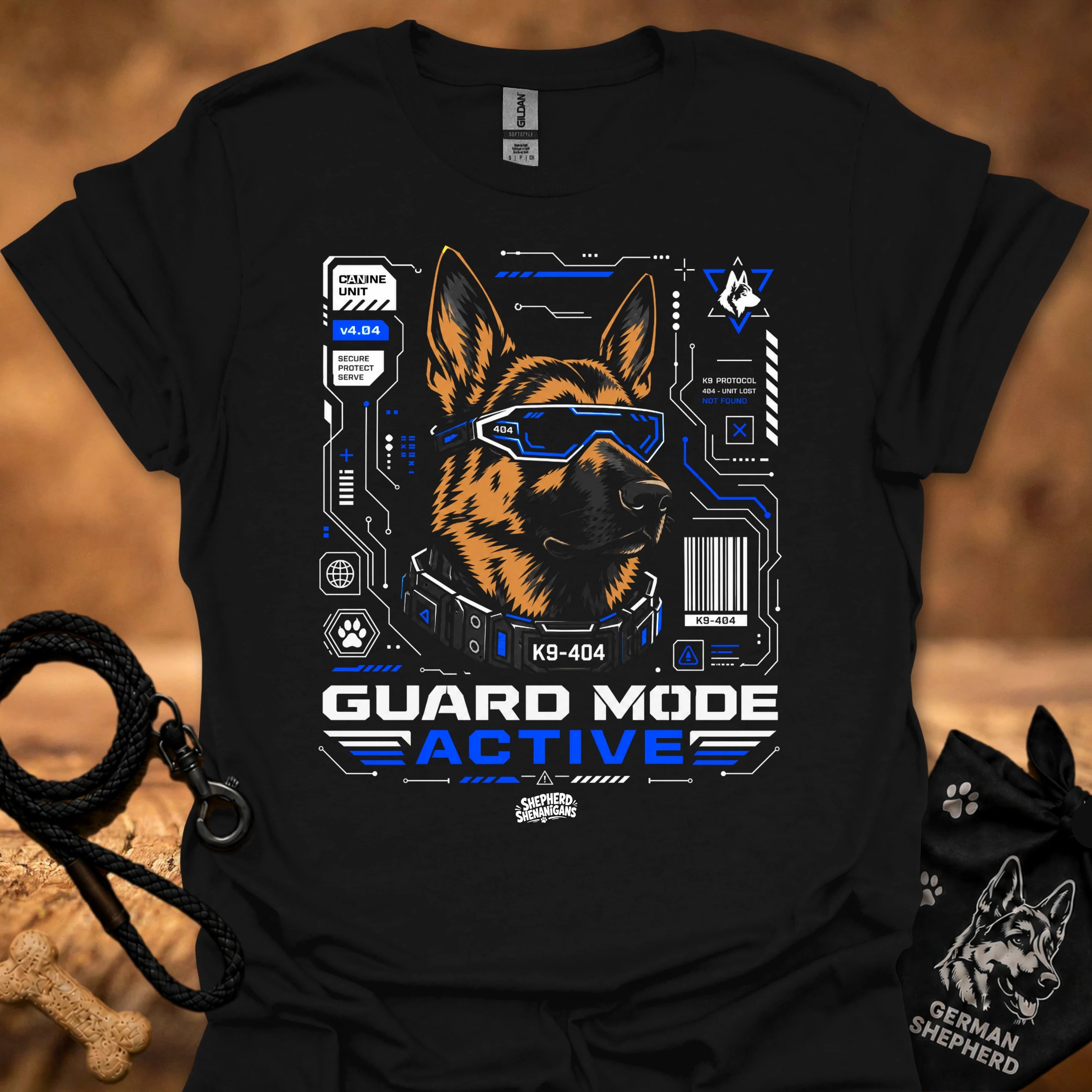 Guard Mode Active t-shirt in black with German Shepherd tech graphic and text