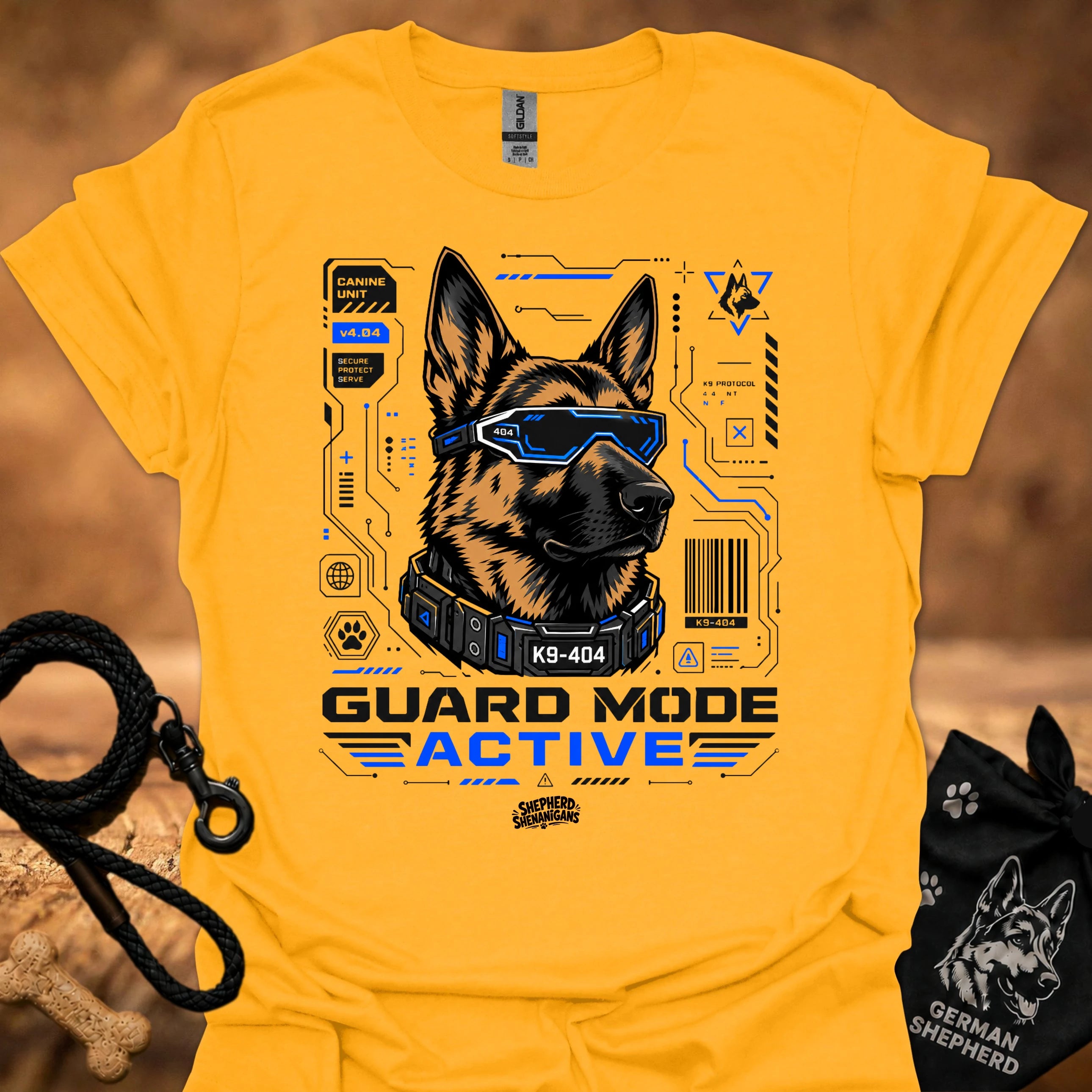 Guard Mode Active t-shirt in mustard gold with German Shepherd tech graphic and text