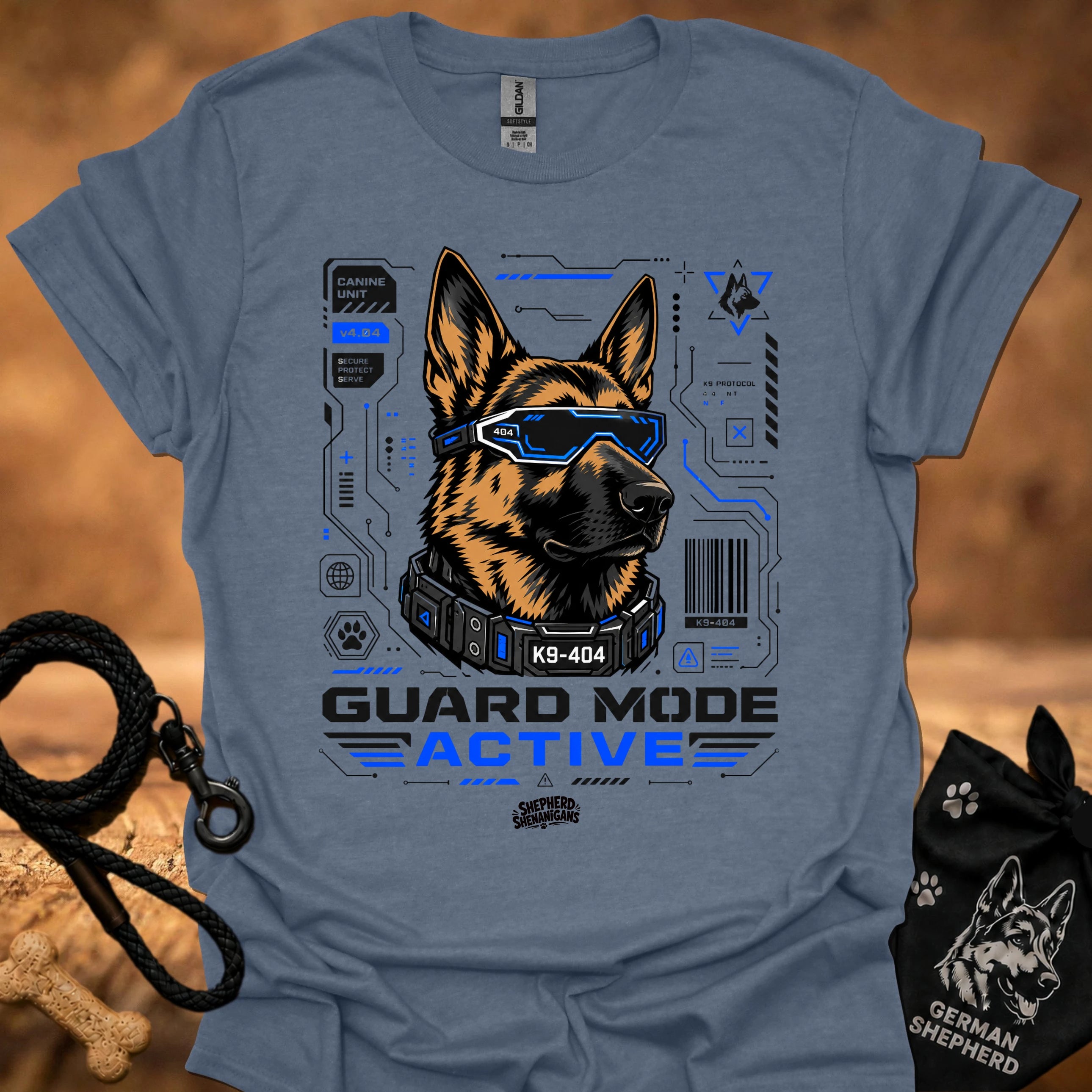 Guard Mode Active t-shirt in periwinkle blue with German Shepherd tech graphic and text