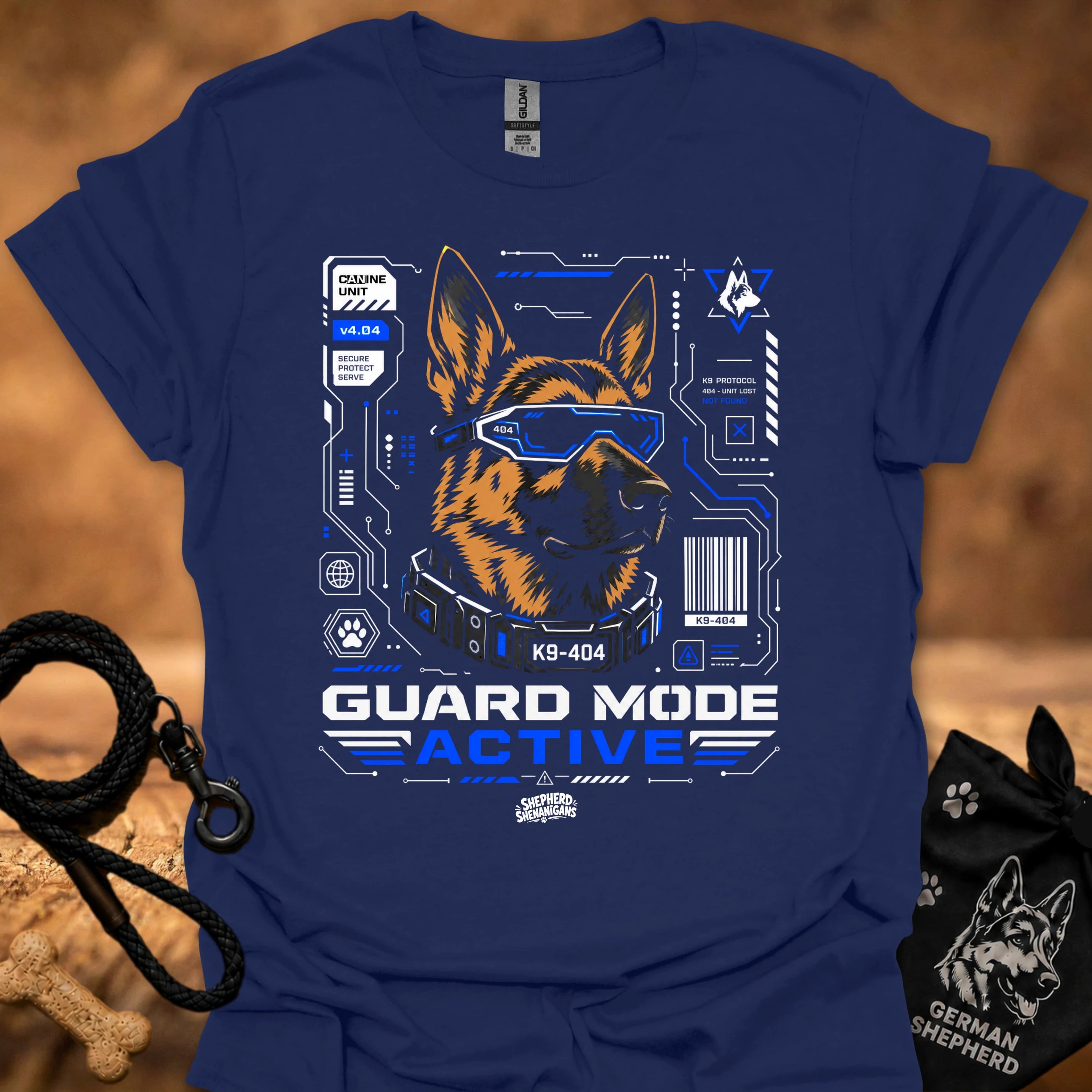 Guard Mode Active t-shirt in deep blue with German Shepherd tech graphic and text