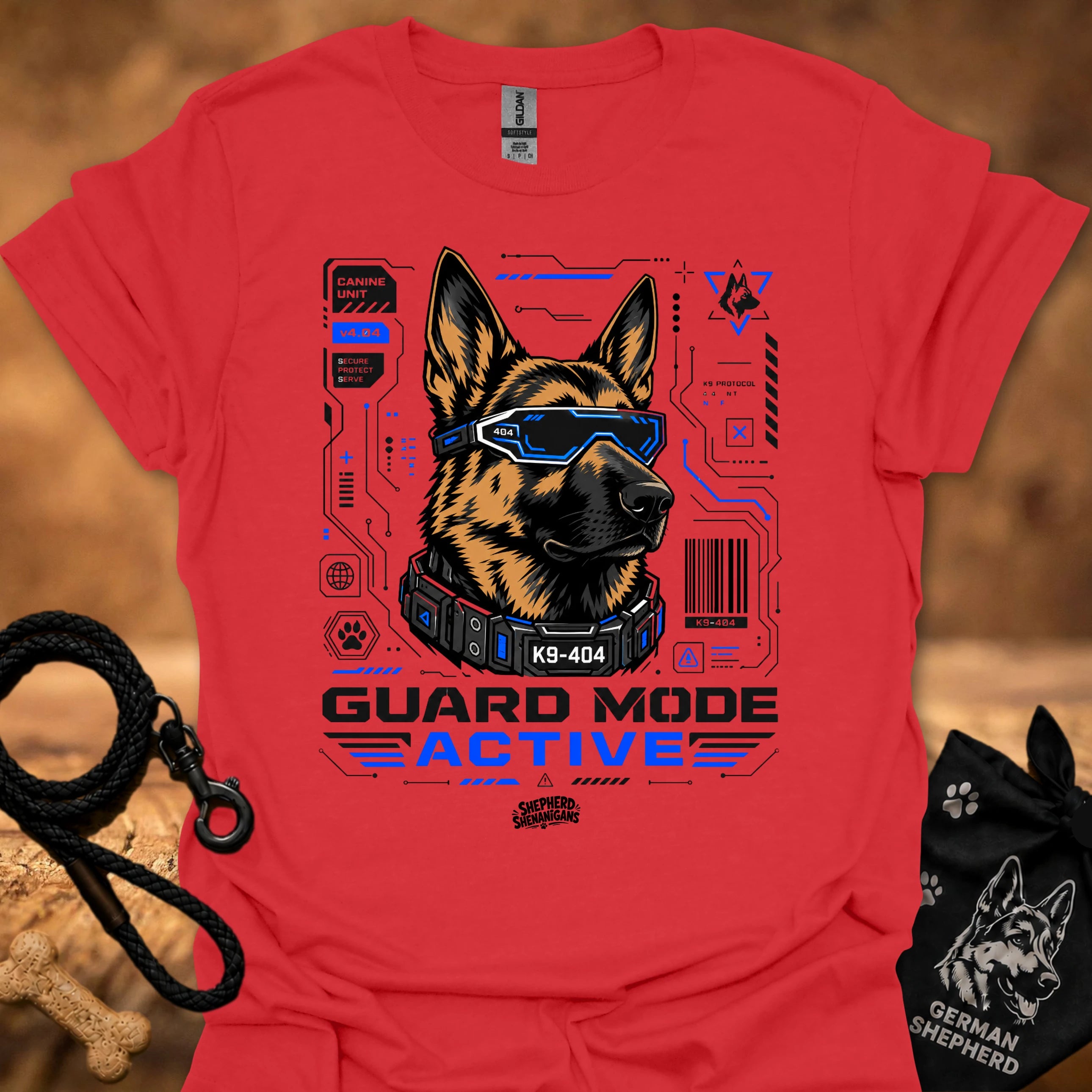 Guard Mode Active t-shirt in red with German Shepherd tech graphic and text