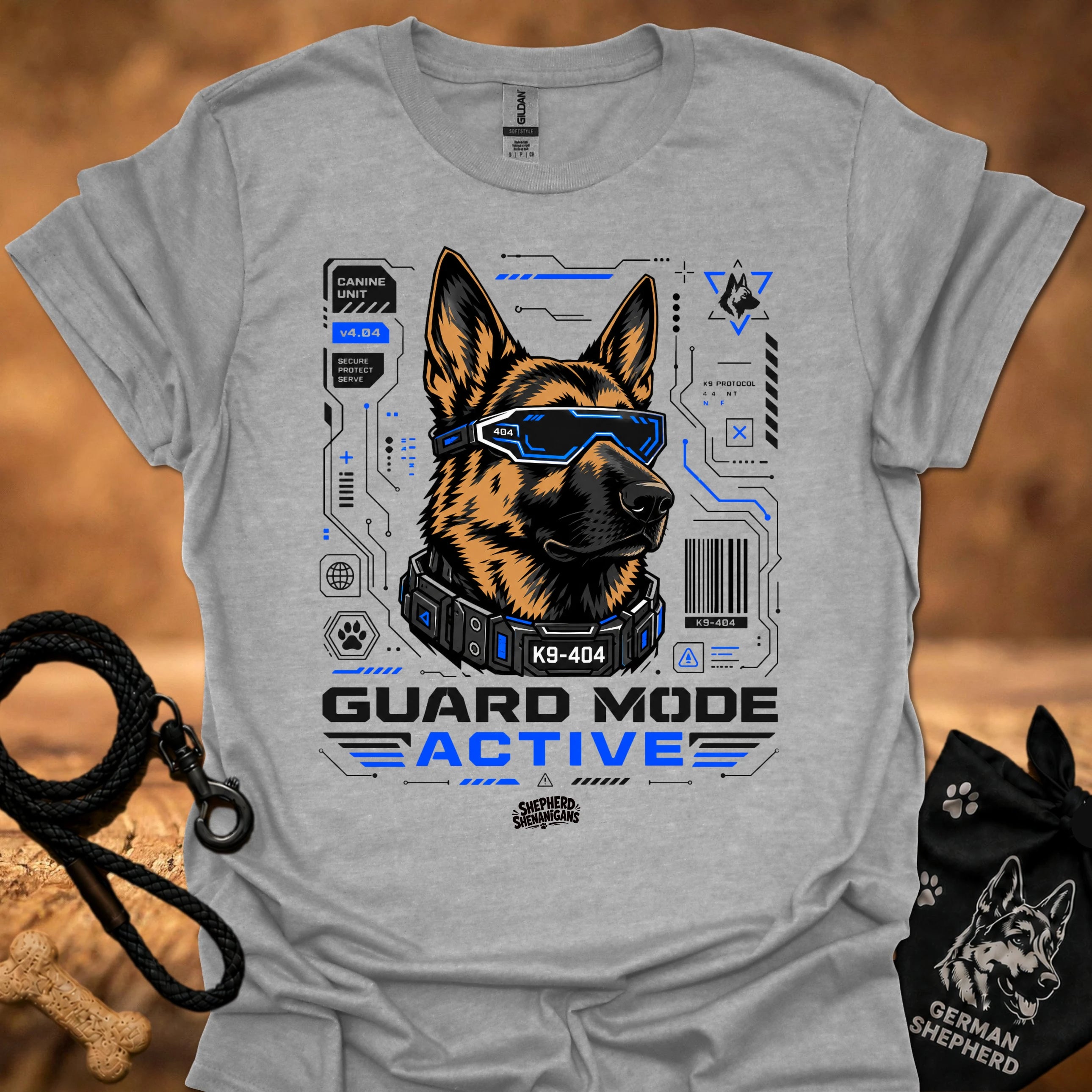 Guard Mode Active t-shirt in light gray with German Shepherd tech graphic and text