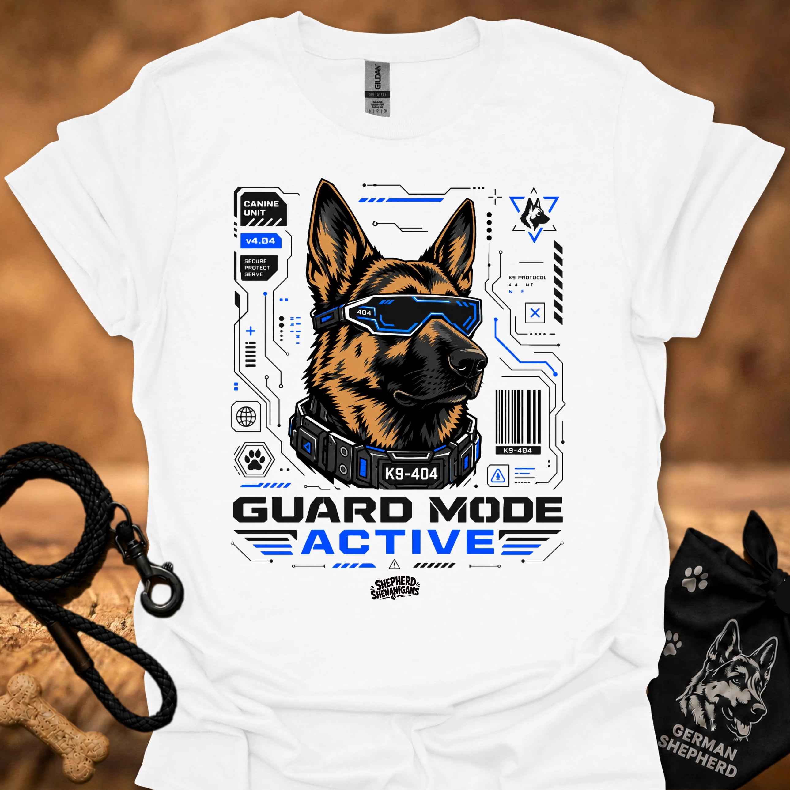 Guard Mode Active t-shirt in white with German Shepherd tech graphic and text