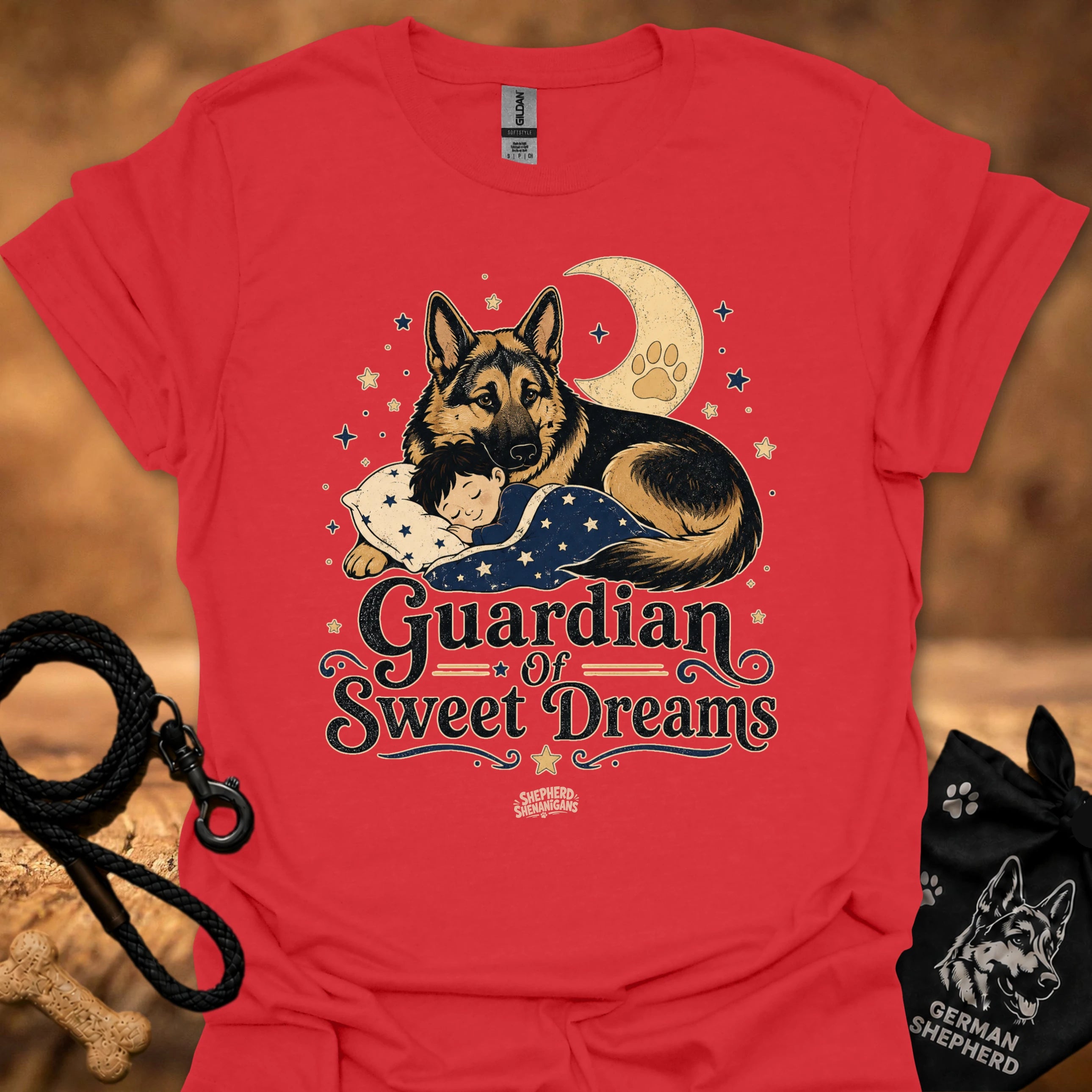 Red T-shirt with front graphic of a German shepherd and sleeping child under moon