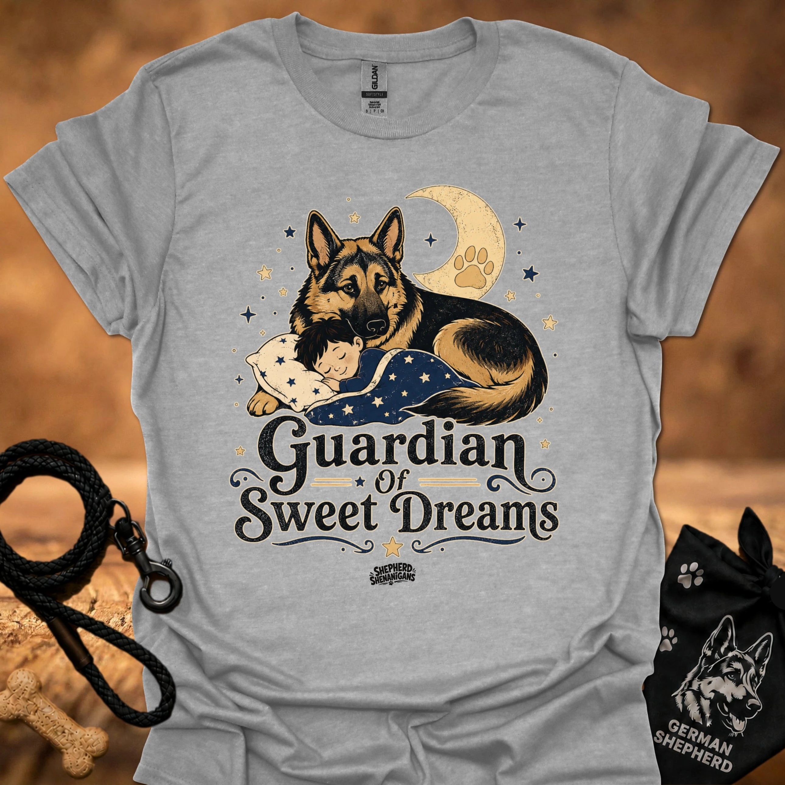 Sport grey T-shirt with front graphic of a German shepherd and sleeping child under moon