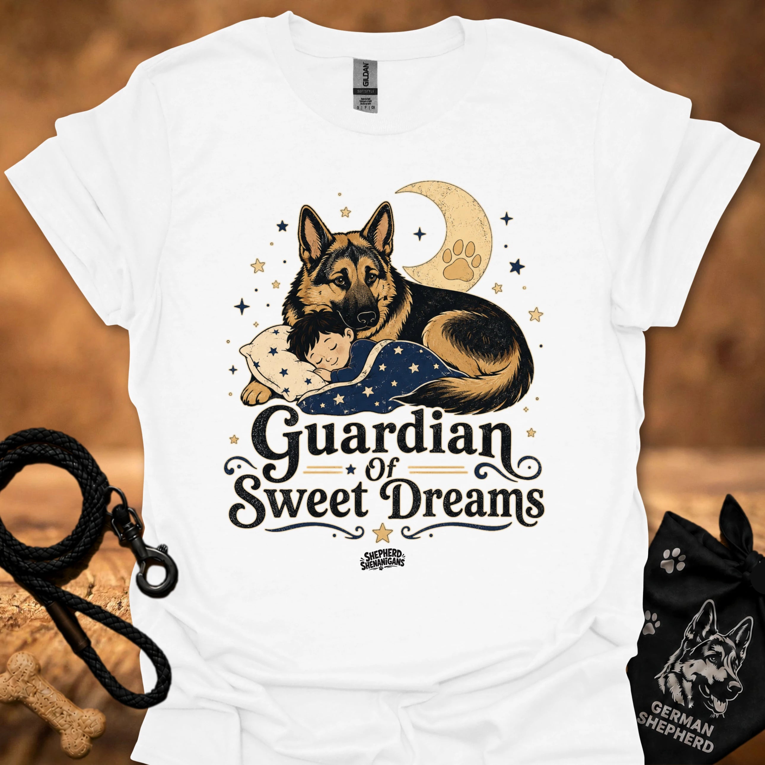 White T-shirt with front graphic of a German shepherd and sleeping child under moon