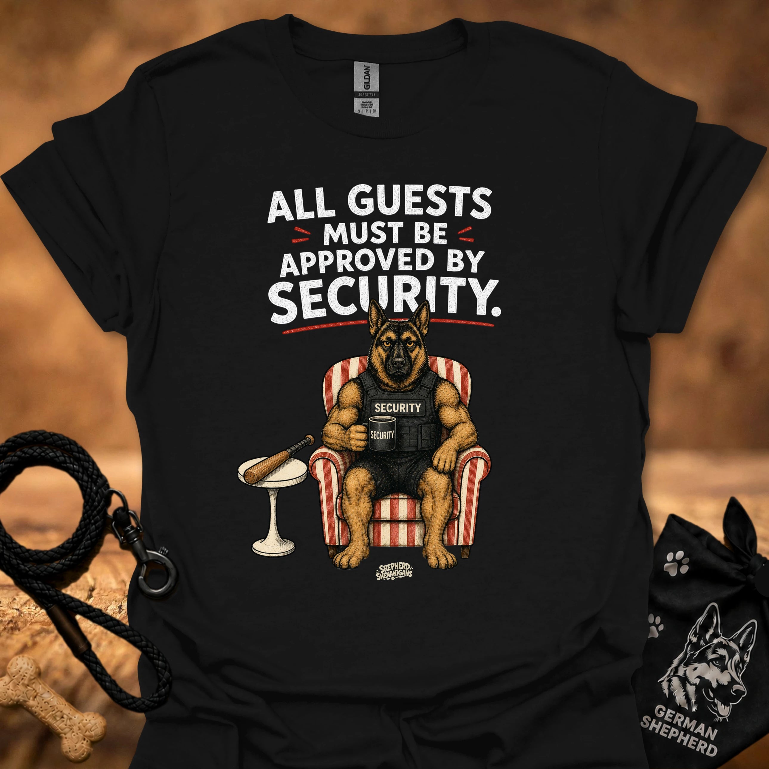 Black crew-neck t-shirt with security message and guard dog graphic on front