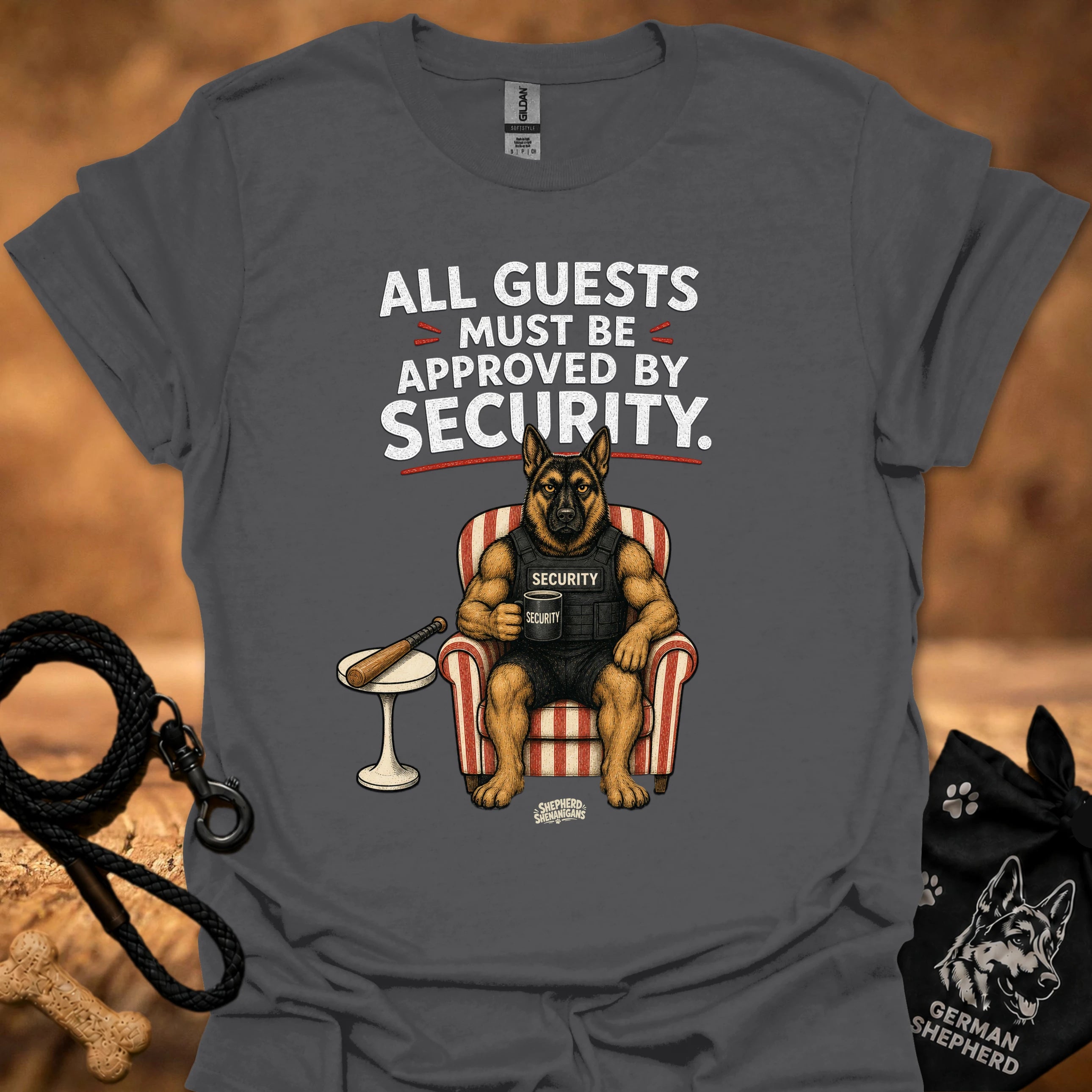 Charcoal crew-neck t-shirt with security message and guard dog graphic on front