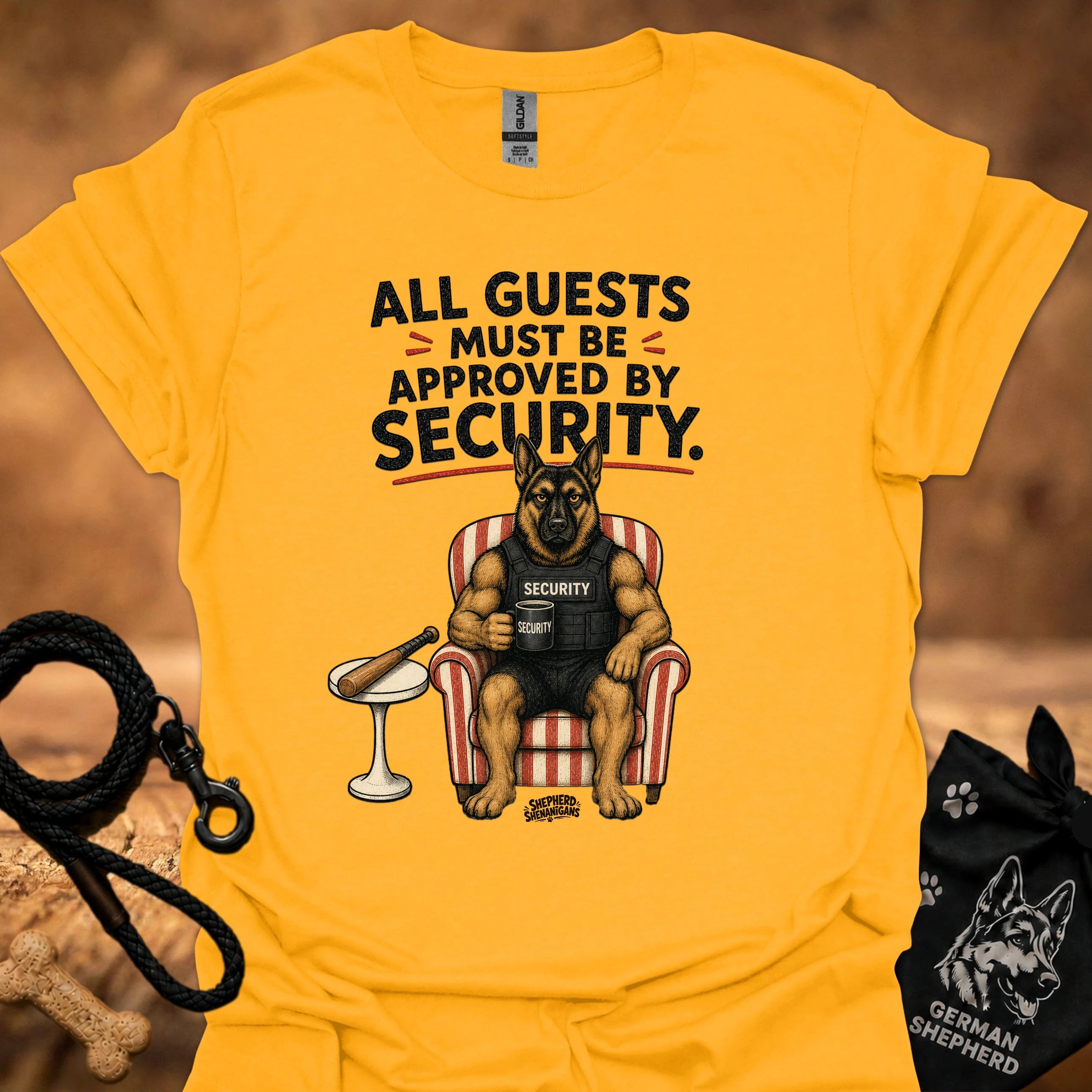 Gold crew-neck t-shirt with security message and guard dog graphic on front