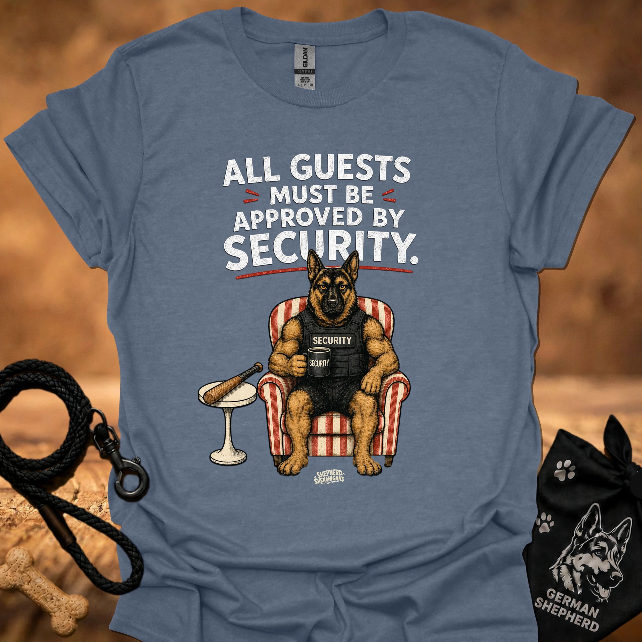 Heather indigo crew-neck t-shirt with security message and guard dog graphic on front