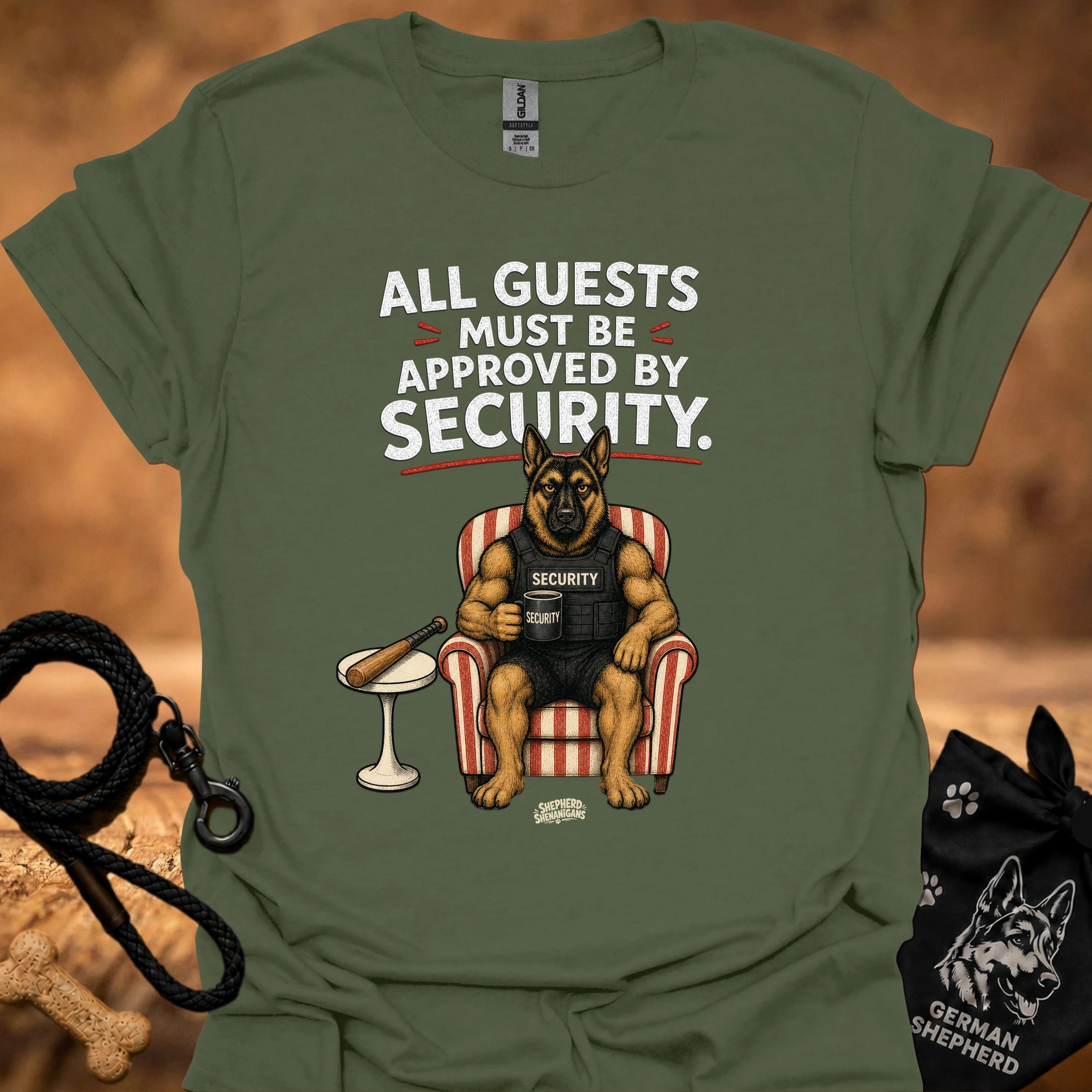 Military green crew-neck t-shirt with security message and guard dog graphic on front