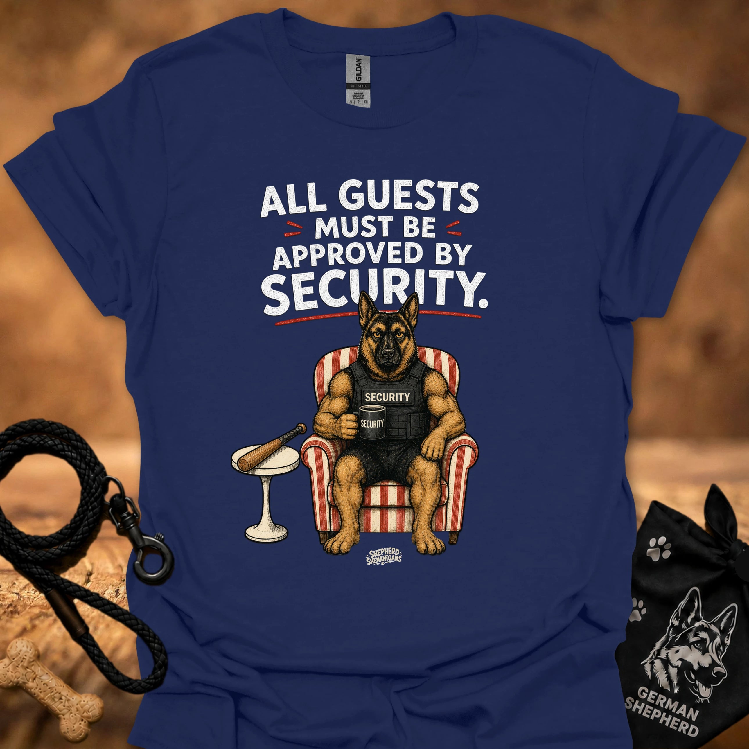 Navy crew-neck t-shirt with security message and guard dog graphic on front