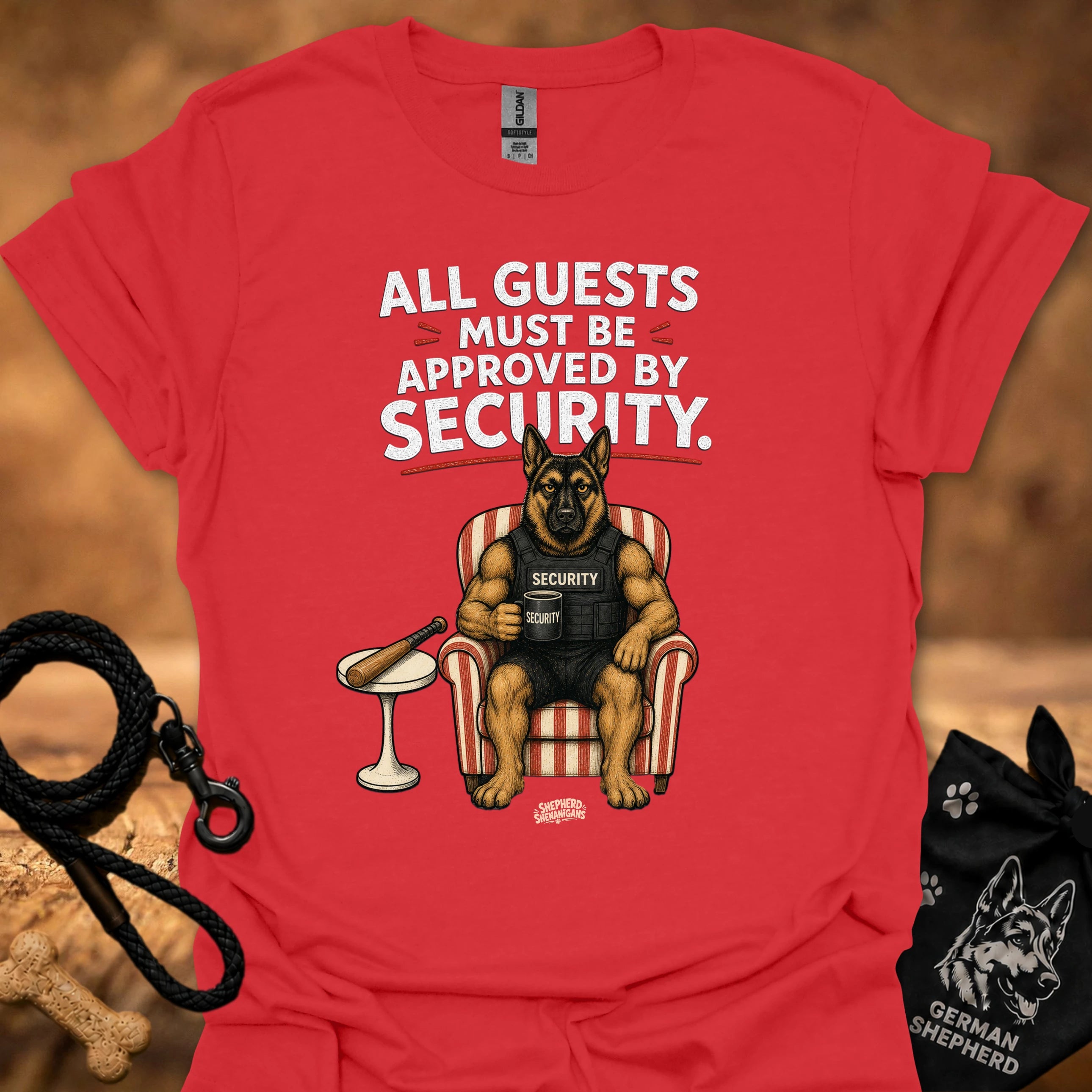 Red crew-neck t-shirt with security message and guard dog graphic on front