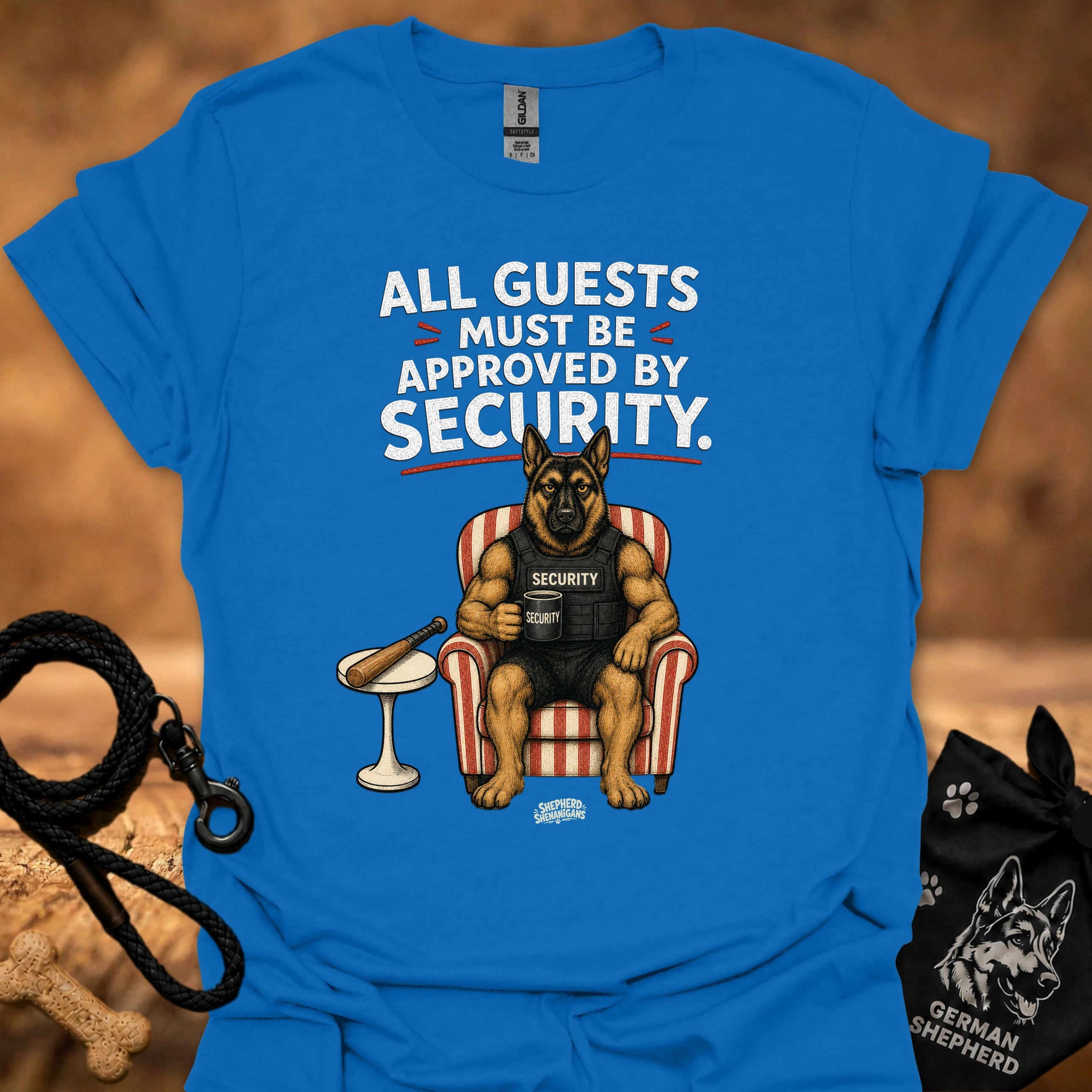 Royal blue crew-neck t-shirt with security message and guard dog graphic on front