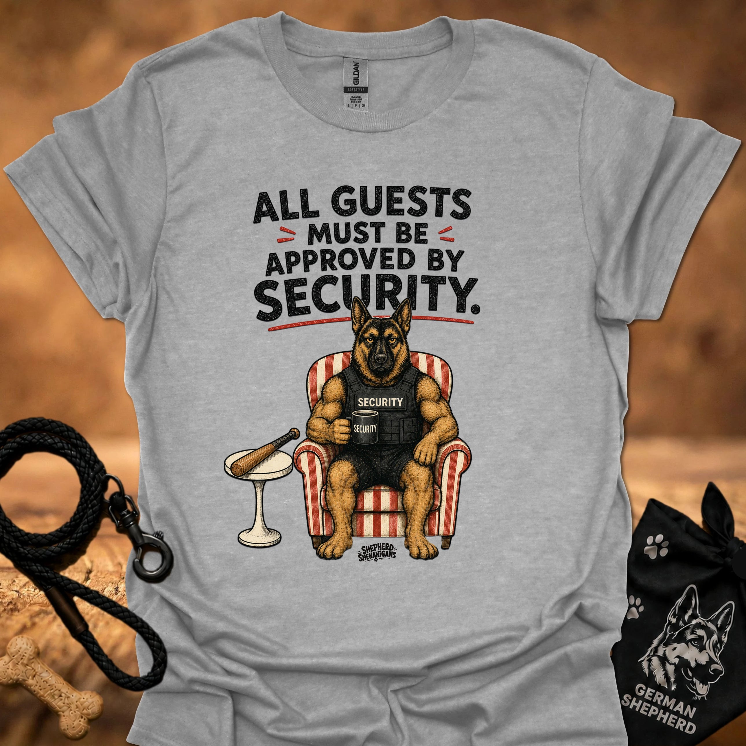 Sport grey crew-neck t-shirt with security message and guard dog graphic on front