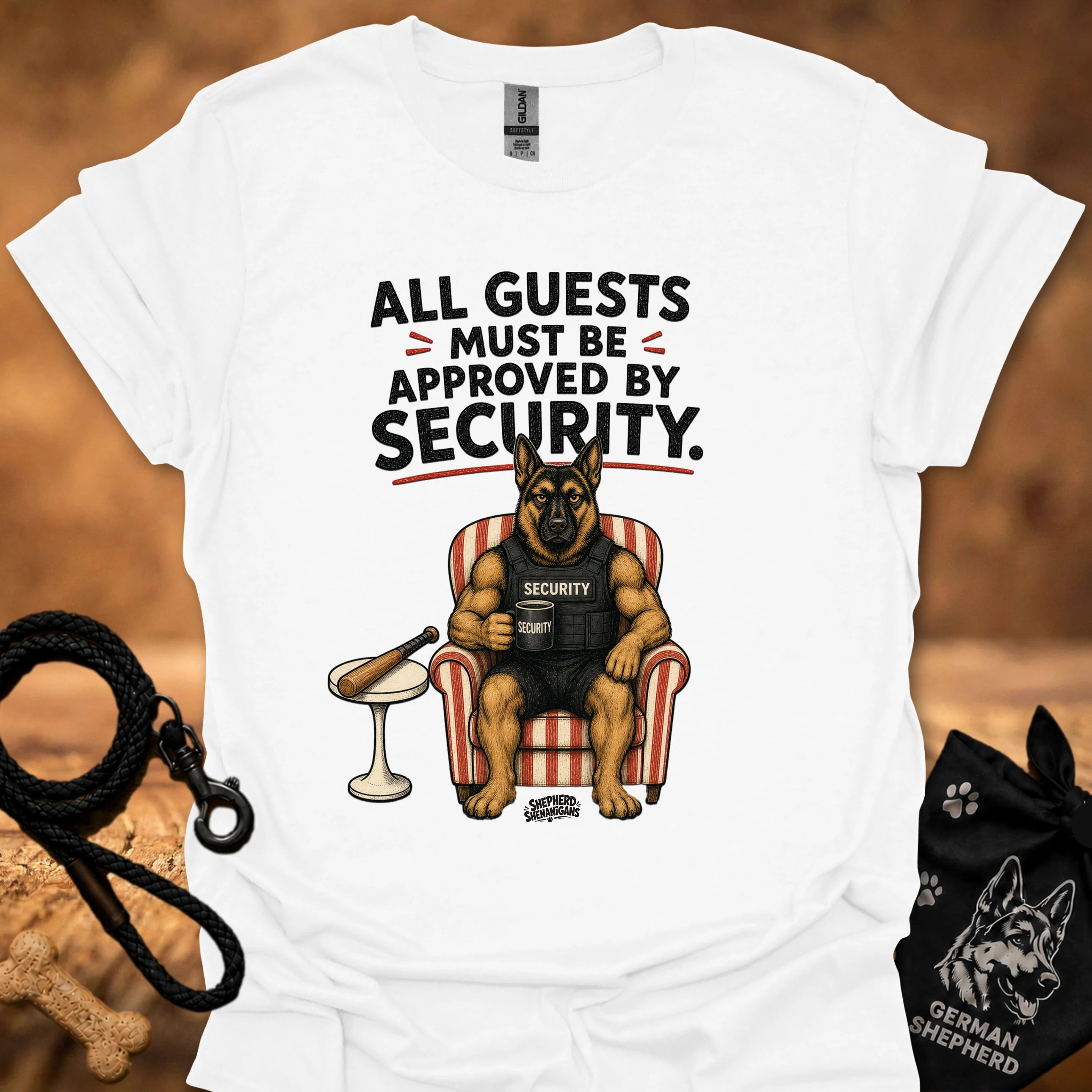White crew-neck t-shirt with security message and guard dog graphic on front