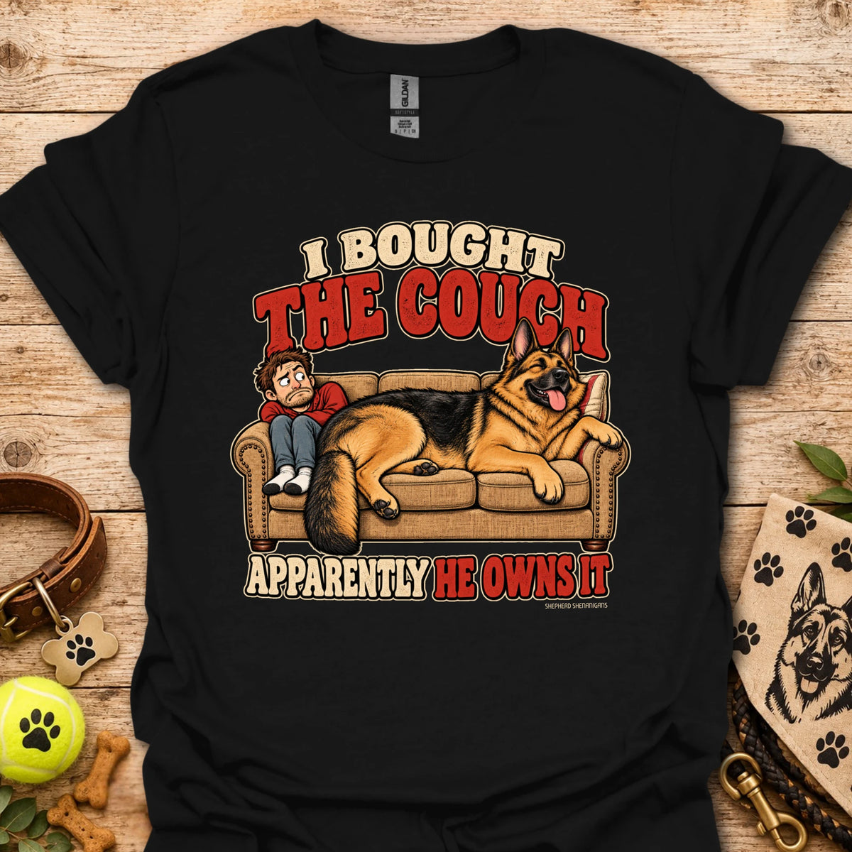 Black graphic T-shirt with couch and dog cartoon print