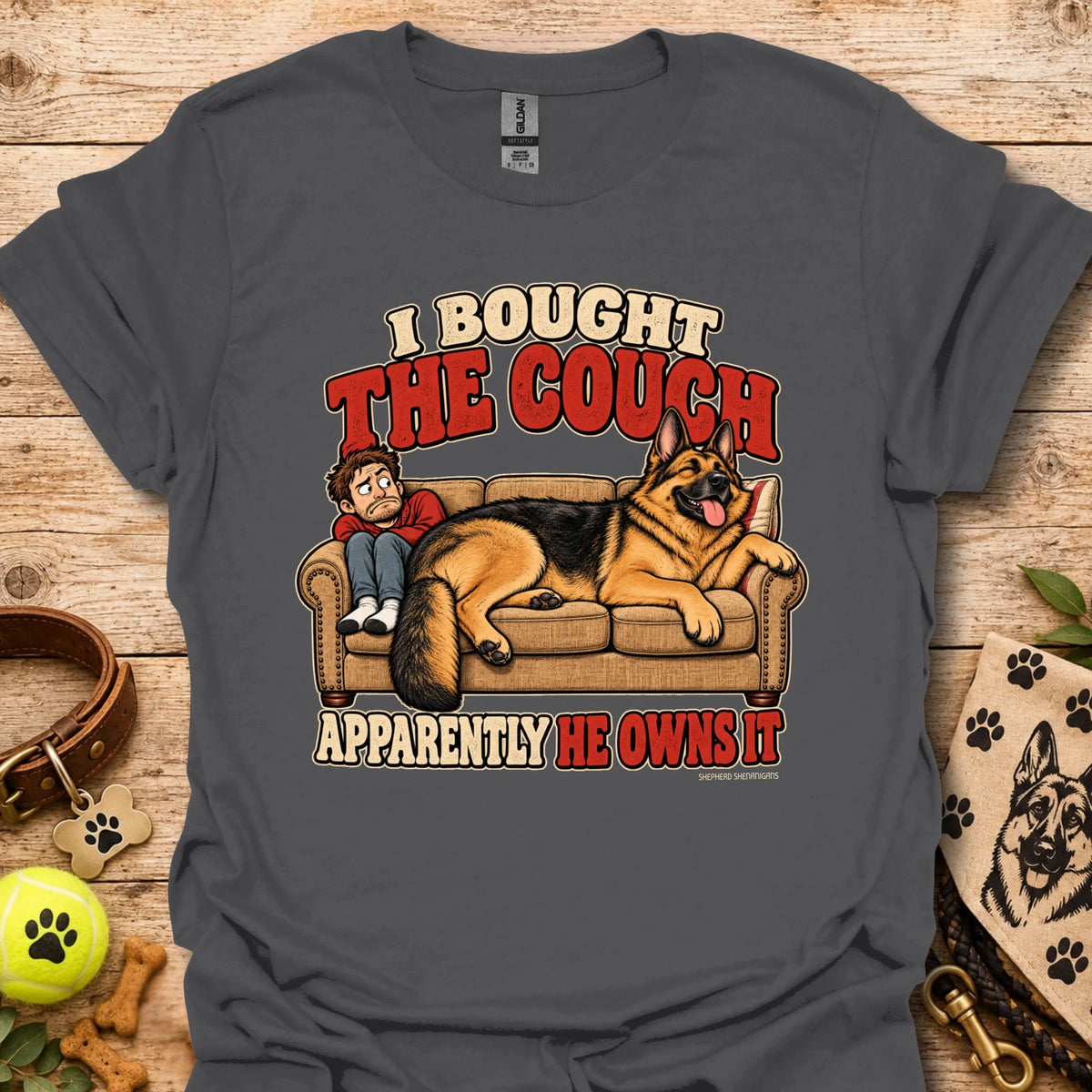 Black graphic T-shirt with couch and dog cartoon print