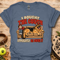 Steel blue graphic T-shirt with couch and dog cartoon print