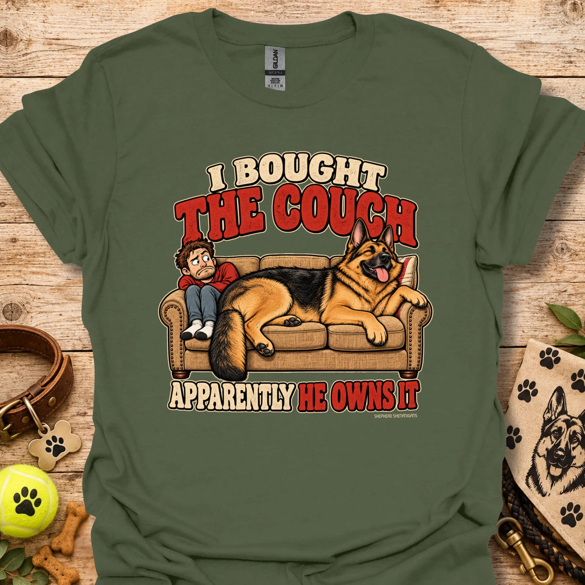 Military green graphic T-shirt with couch and dog cartoon print