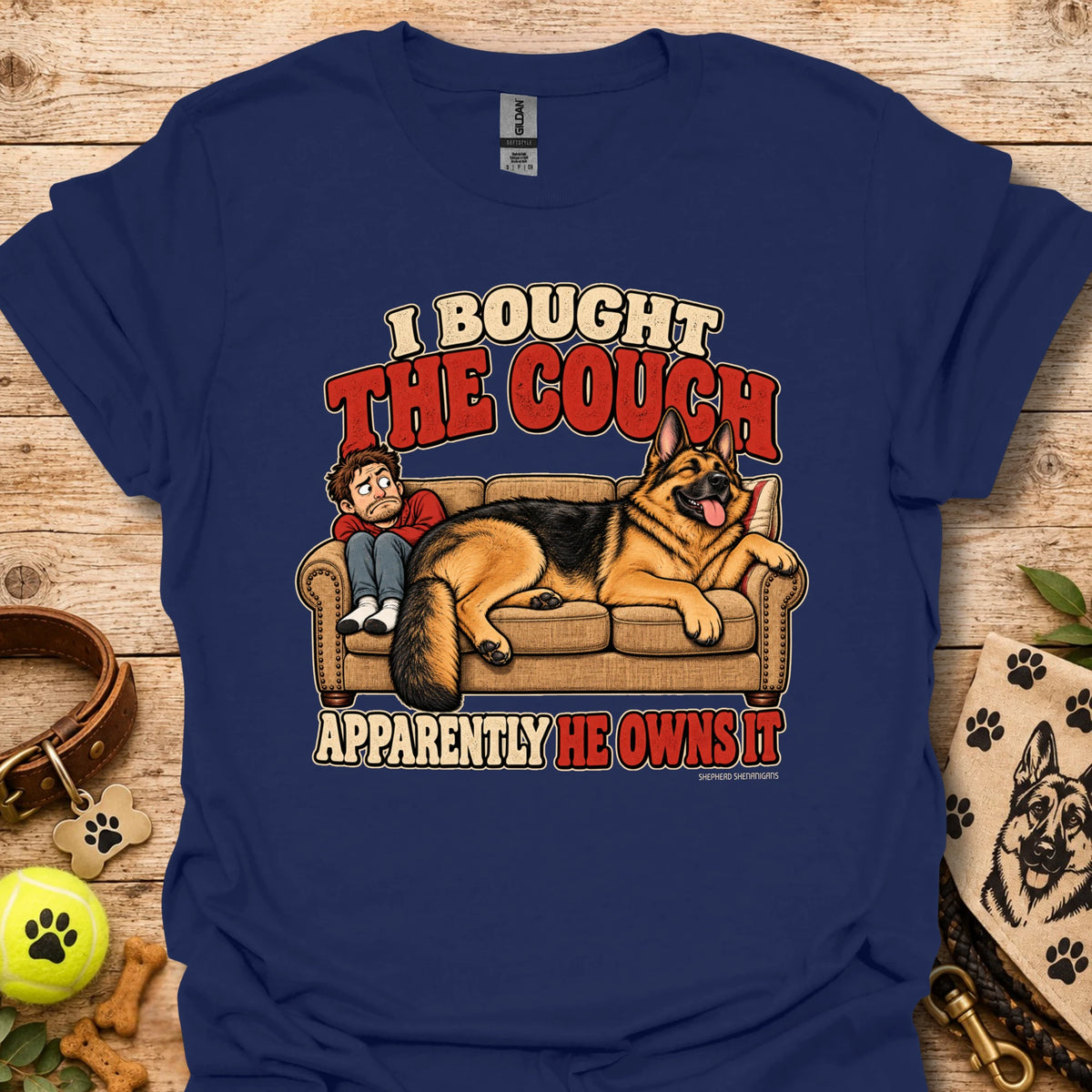 Heather indigo graphic T-shirt with couch and dog cartoon print