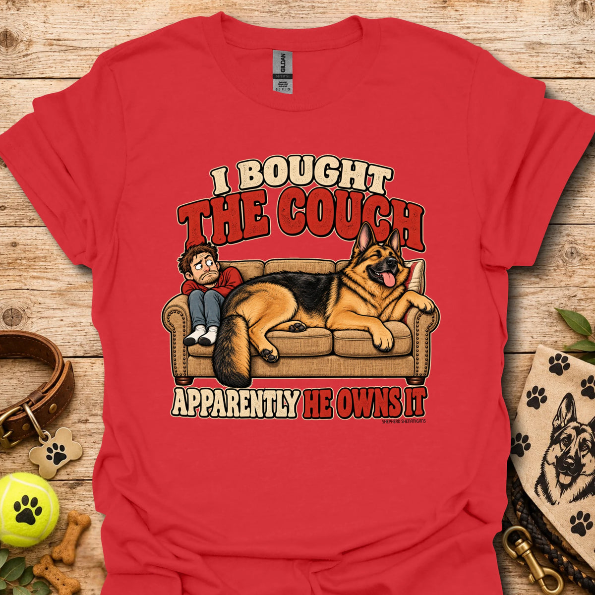 Red graphic T-shirt with couch and dog cartoon print