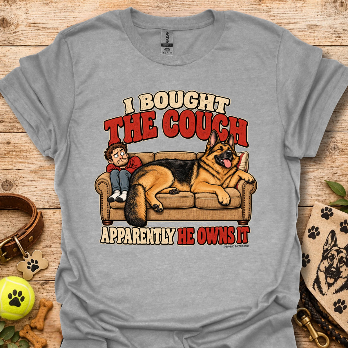 Light gray graphic T-shirt with couch and dog cartoon print