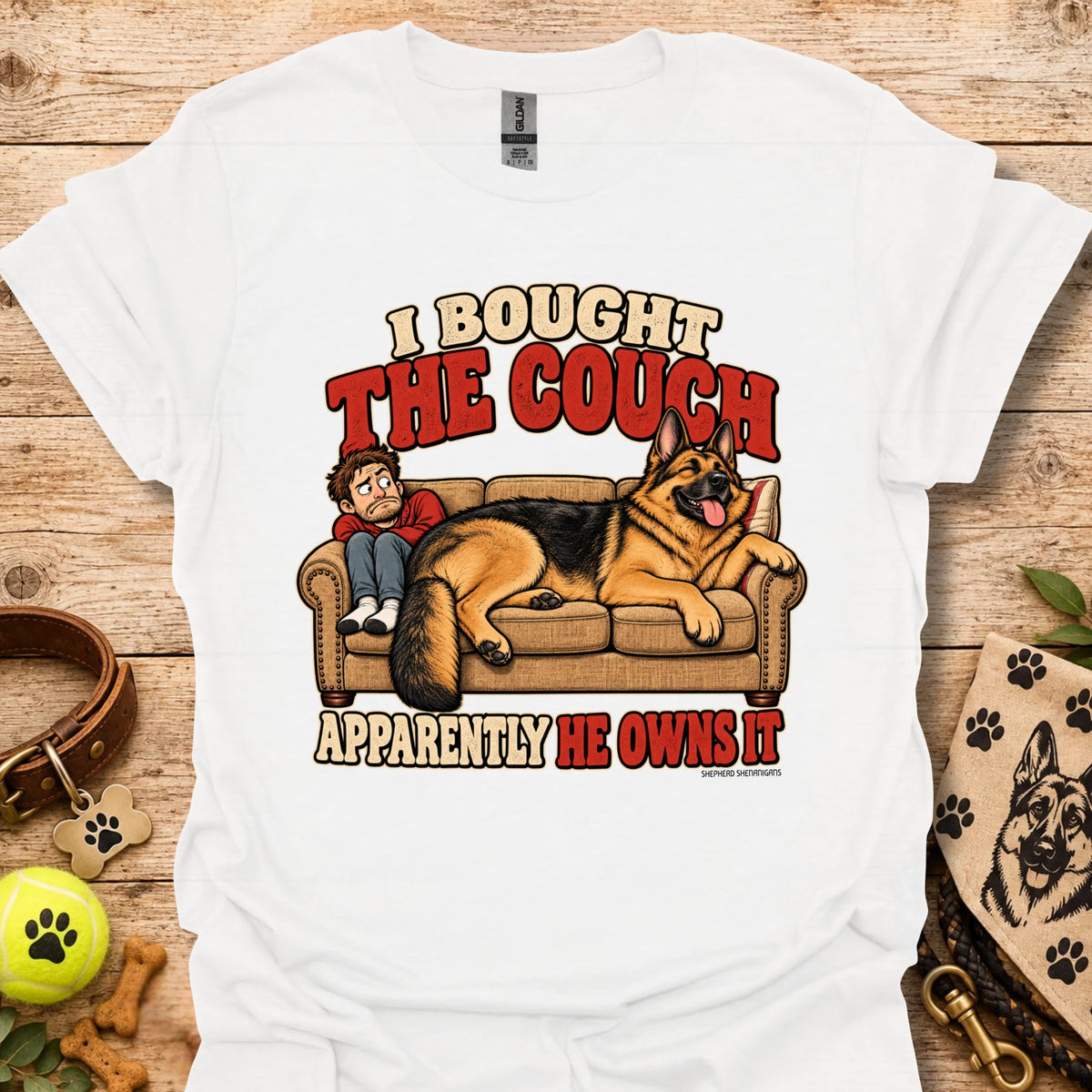 White graphic T-shirt with couch and dog cartoon print