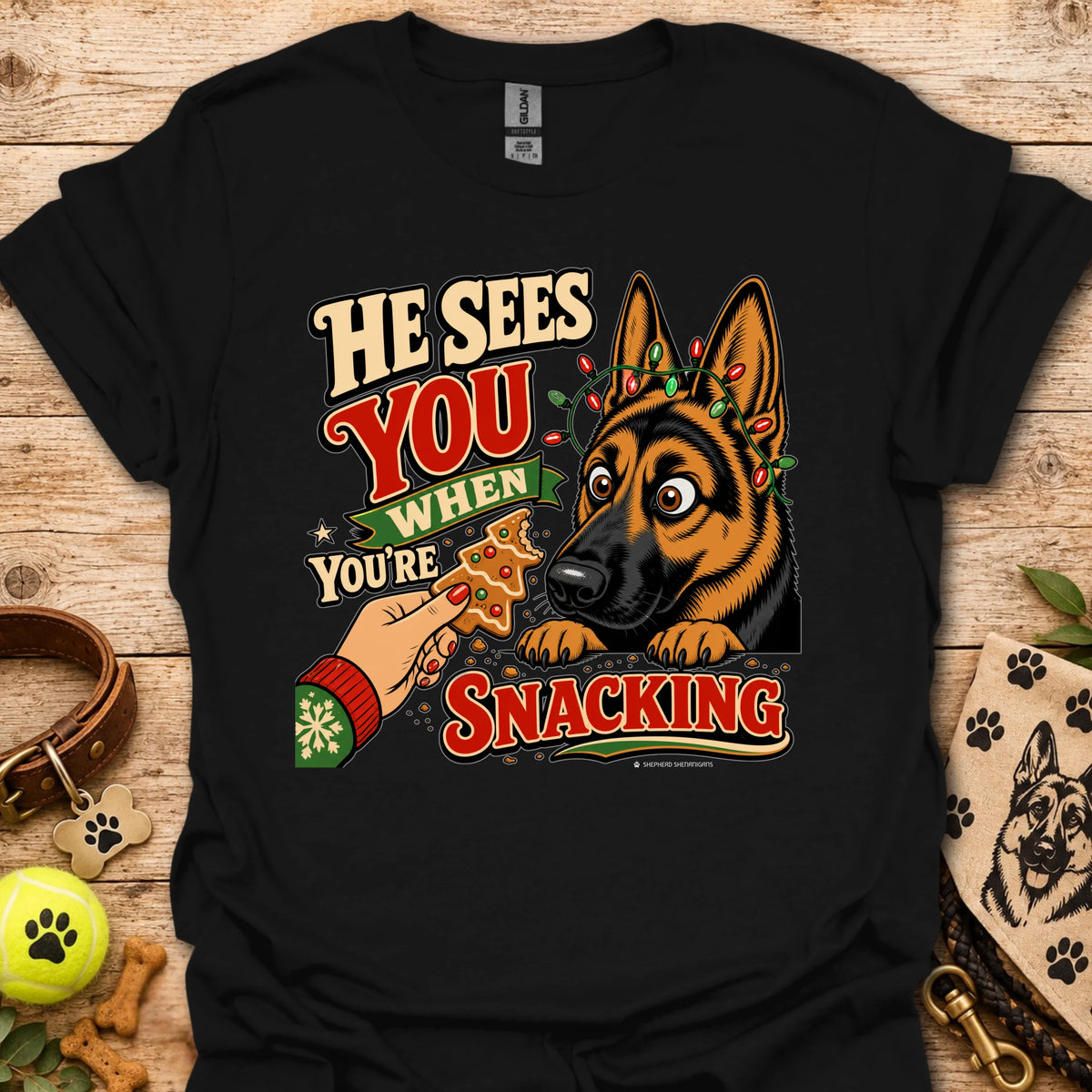 Black T-shirt with cartoon German shepherd and snack-themed text graphic