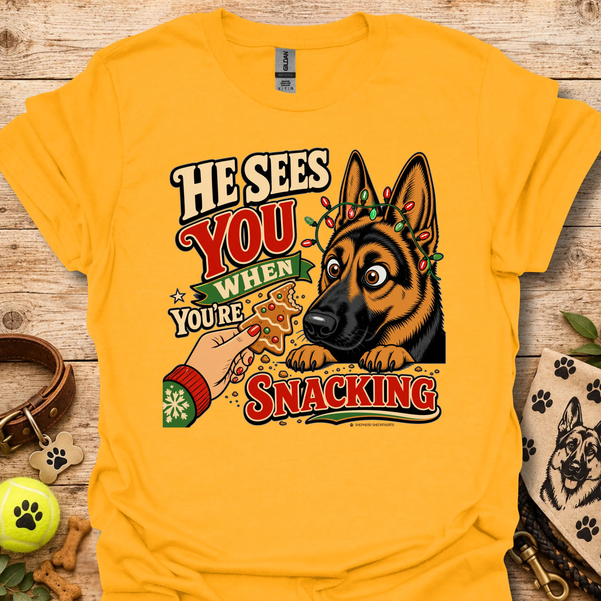 Yellow T-shirt with cartoon German shepherd and snack-themed text graphic
