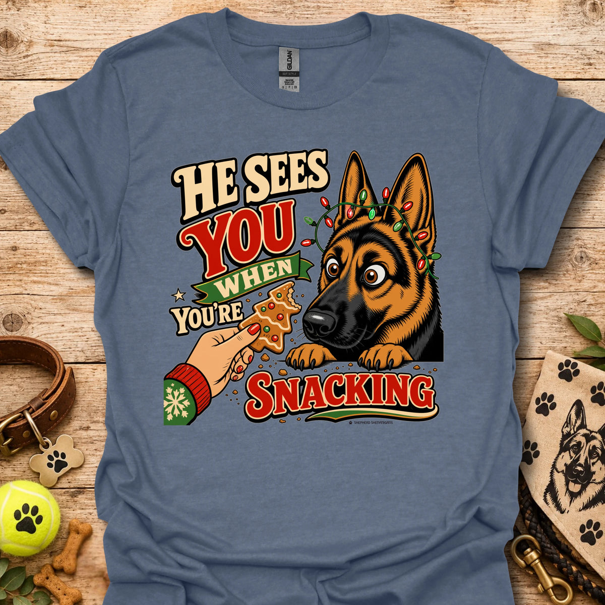 Blue T-shirt with cartoon German shepherd and snack-themed text graphic