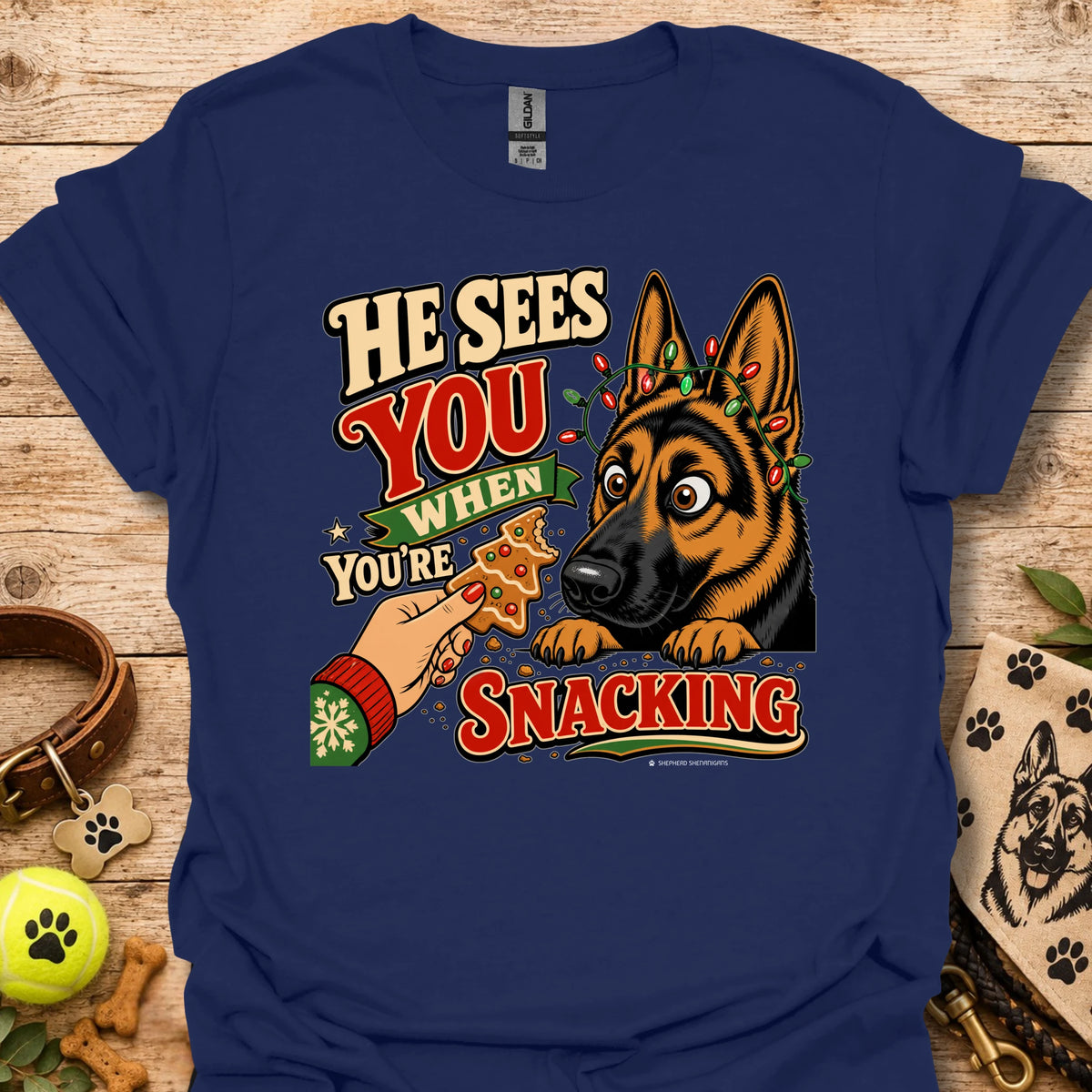 Navy T-shirt with cartoon German shepherd and snack-themed text graphic