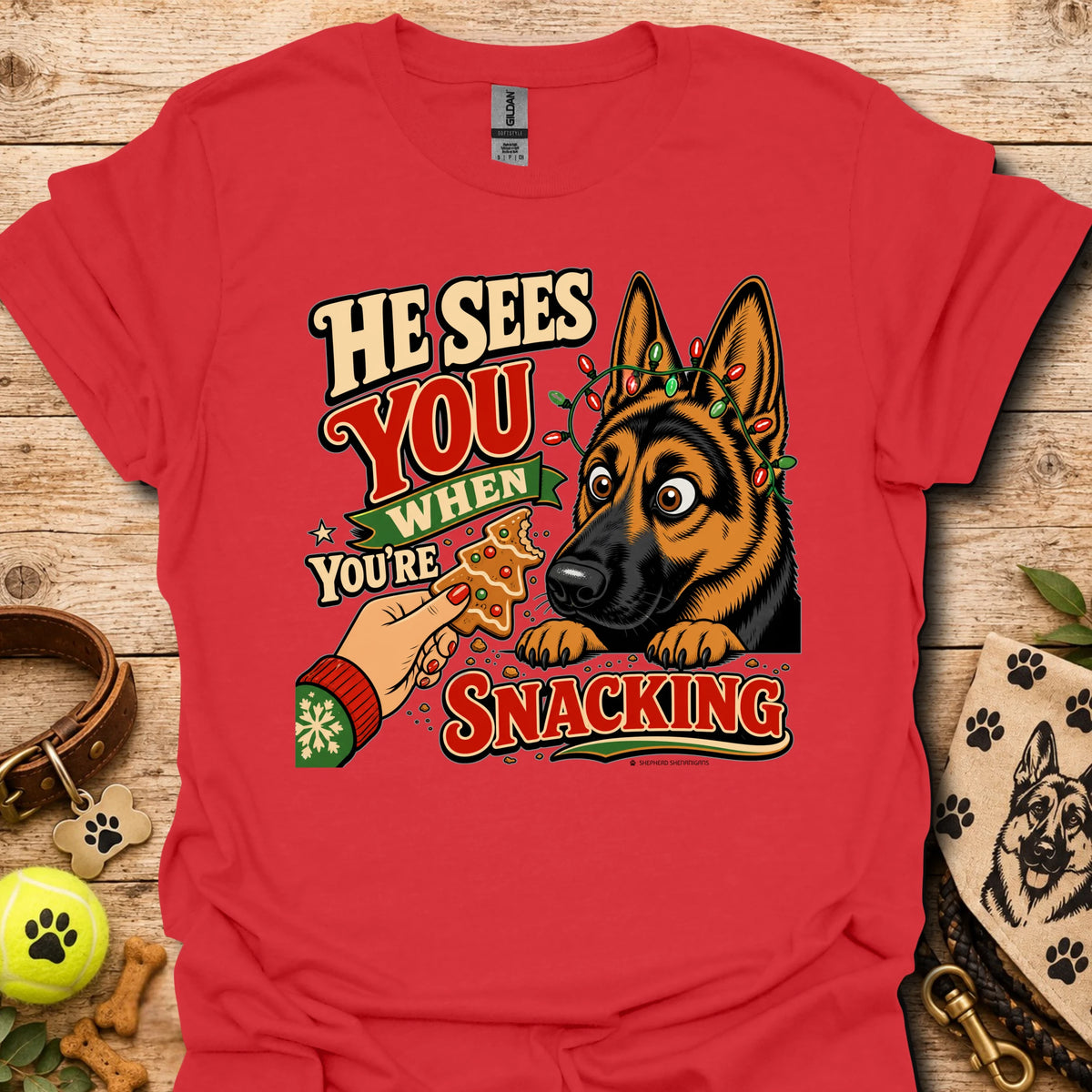 Red T-shirt with cartoon German shepherd and snack-themed text graphic