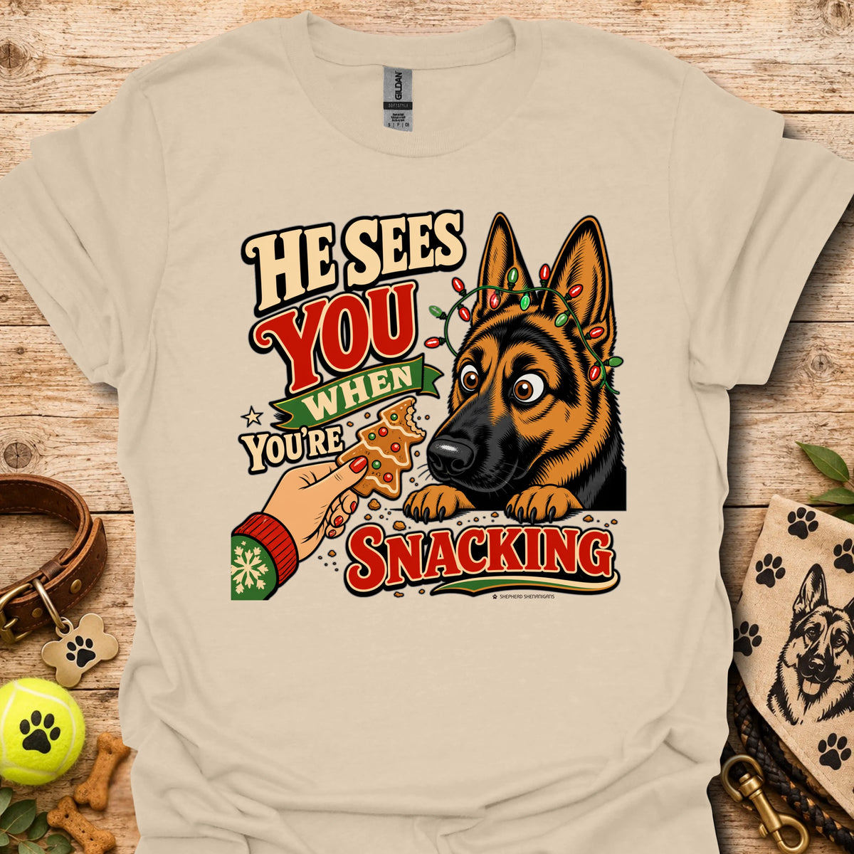 Sand T-shirt with cartoon German shepherd and snack-themed text graphic