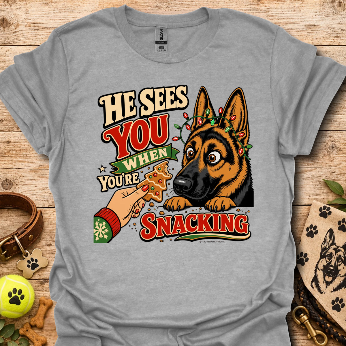 Light gray T-shirt with cartoon German shepherd and snack-themed text graphic