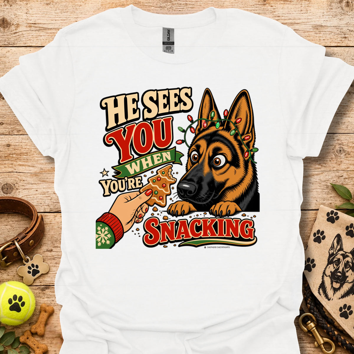 White T-shirt with cartoon German shepherd and snack-themed text graphic