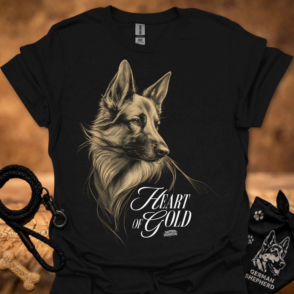 Black T-shirt with detailed dog portrait and "Heart of Gold" lettering