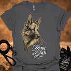 Dark gray T-shirt with detailed dog portrait and "Heart of Gold" lettering