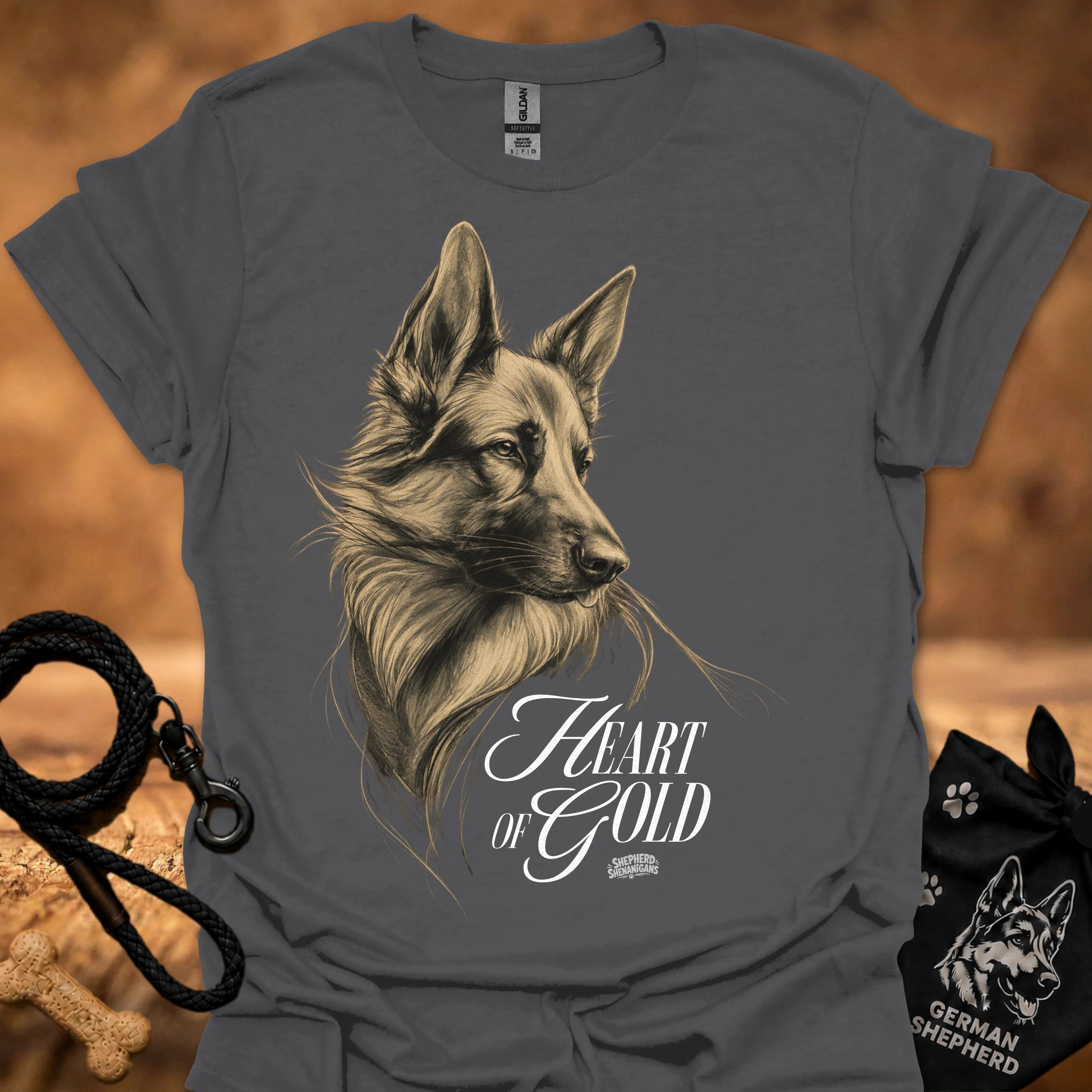Dark gray T-shirt with detailed dog portrait and "Heart of Gold" lettering